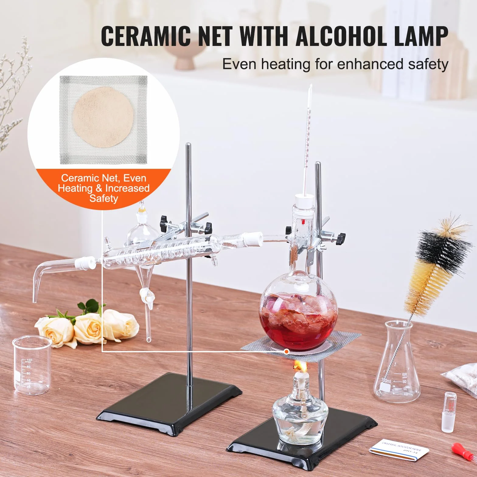 VEVOR Kit de destilación de aceites esenciales 500 ml, destilación de vidrio de laboratorio 3.3 Boro con lámpara de alcohol, malla de cerámica, conexión 24/40, 28 piezas