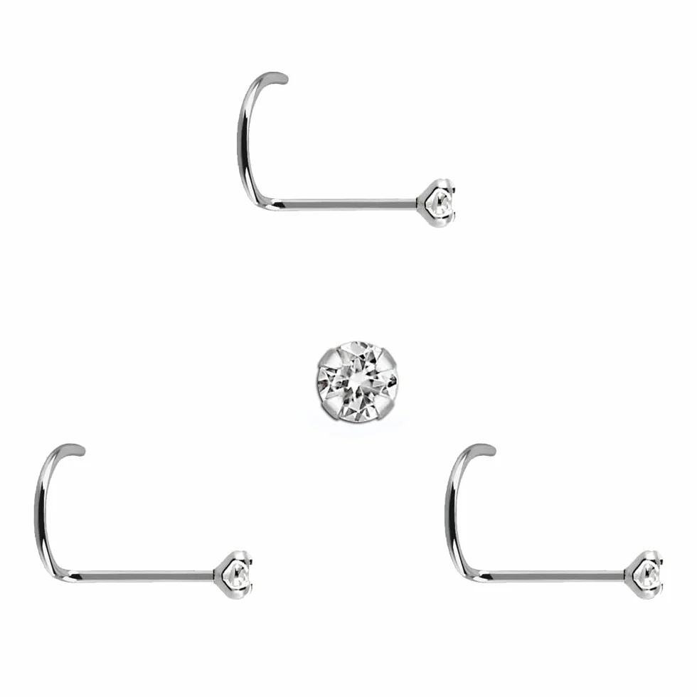 3 Pendientes Nariz de plata de ley con piedra muy pequeña de 1mm, zirconia cubica con brillo impresionante y palo curvado, grosor 0,6mm, largo 6,5mm, medida estandar.