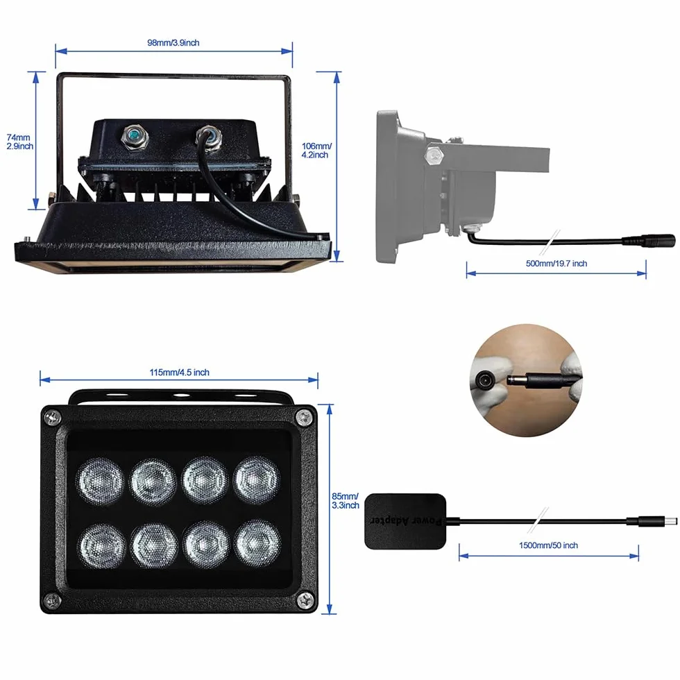 JC IR Illuminator Luz infrarroja 8 LED Gran Angular con Adaptador de Corriente para Cámaras de Seguridad