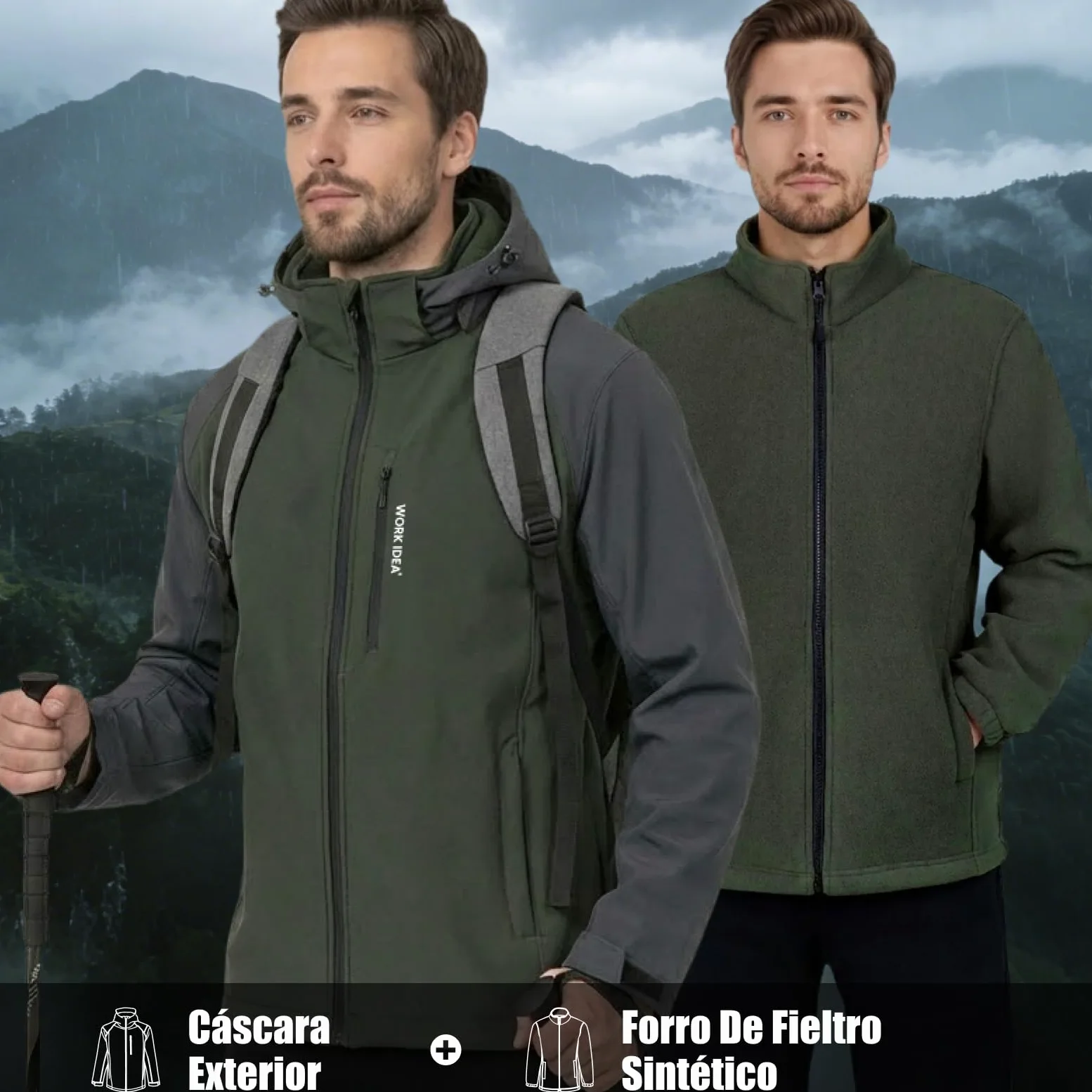 WORK IDEA Chaqueta 3 en 1 para hombre, resistente al agua (columna de agua de 10000 mm), transpirable, resistente al viento con capucha y forro polar interior, chaqueta funcional para senderismo