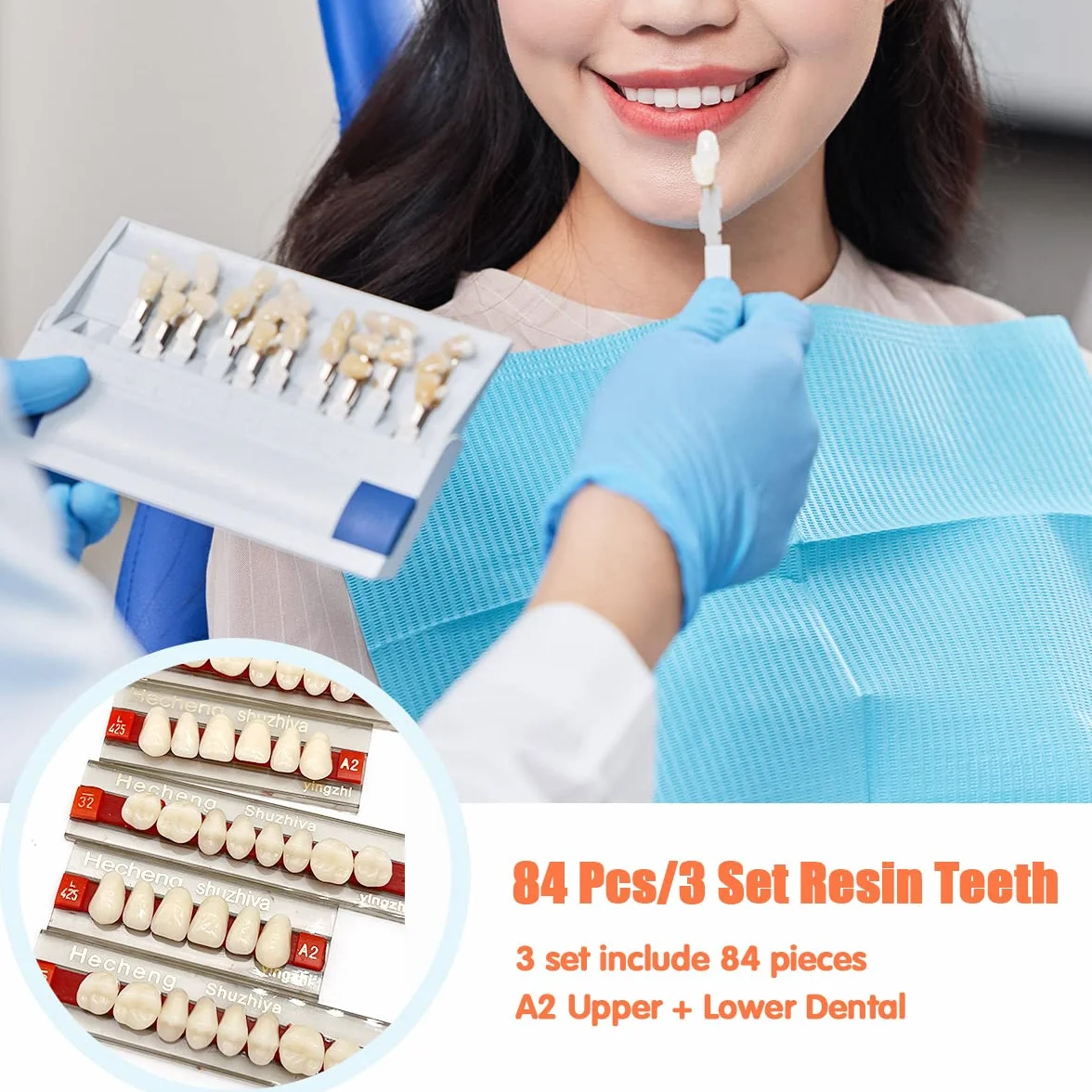 84 piezas dientes falsos dentales completos resina acrílica 3 juegos dientes enteros polímero sintético 23 tonos A2 superior inferior materiales dentales reemplazo bricolaje