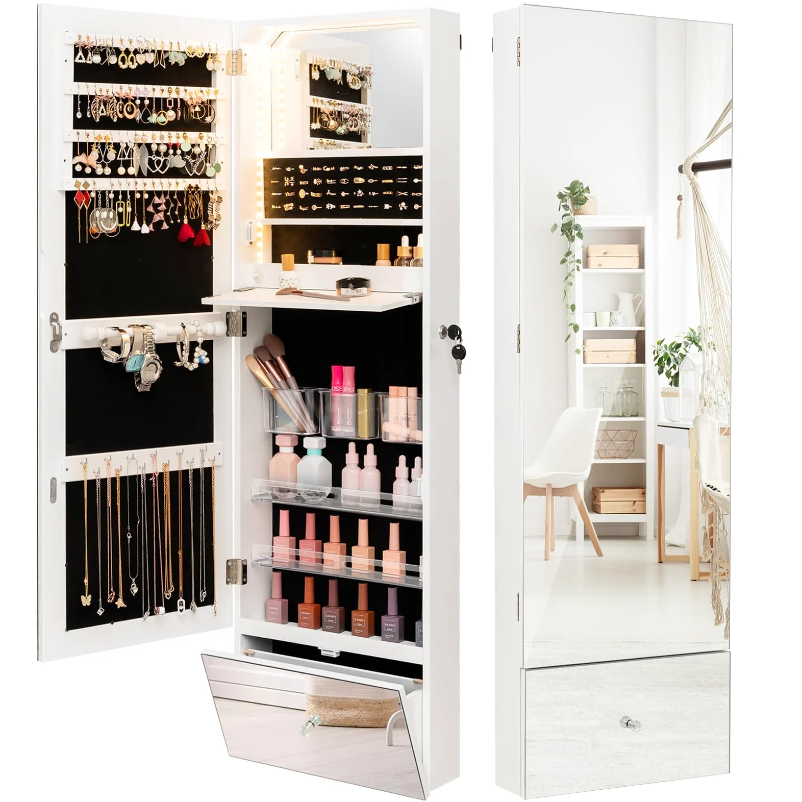 COSTWAY Armario para Joyas, Gabinete con Luces LED de 3 Colores para Joyería de 120cm, Espejo Joyero Montado en la Pared con Espejo sin Marco, Estante de Maquillaje Plegable y Cerradura con Llaves