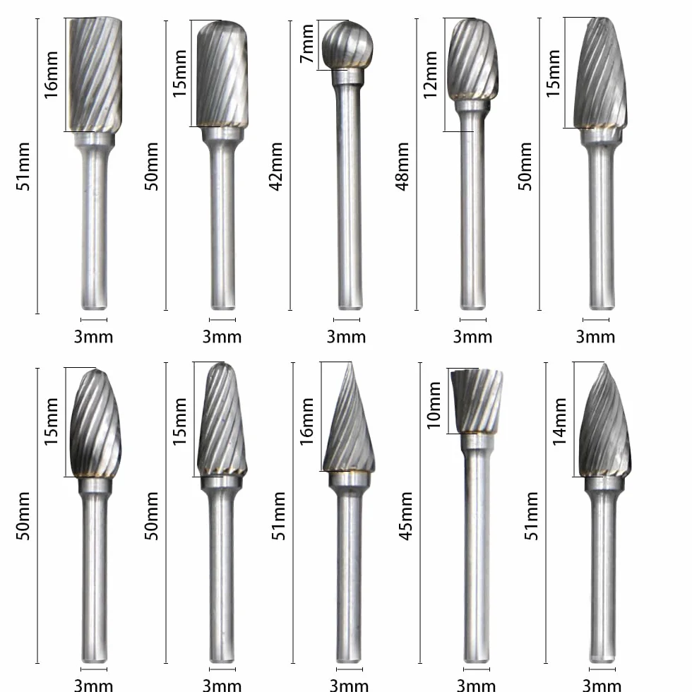 Mizikuu Juego de Fresas Rotativas de Carburo de Tungsteno, 10 Piezas, Vástago de 1/8" para Grabado y Pulido de Metales