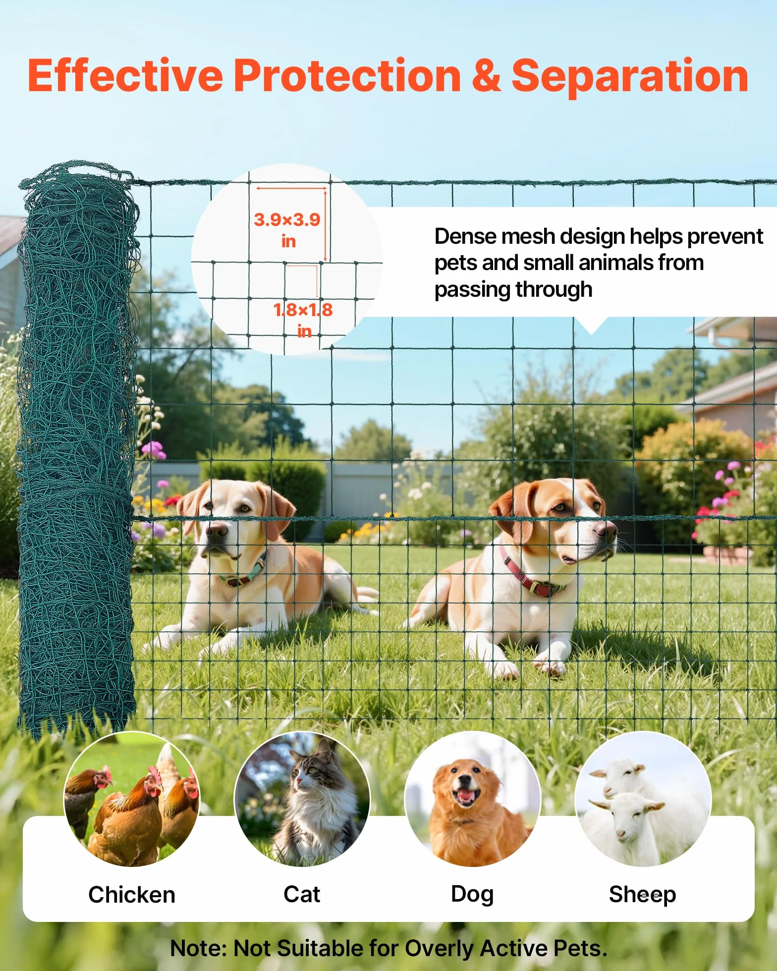 VEVOR Valla de Pollos y Perros, Malla de Protección para Jardines, Red Plástica de Seguridad Verde (25m×1.05m)