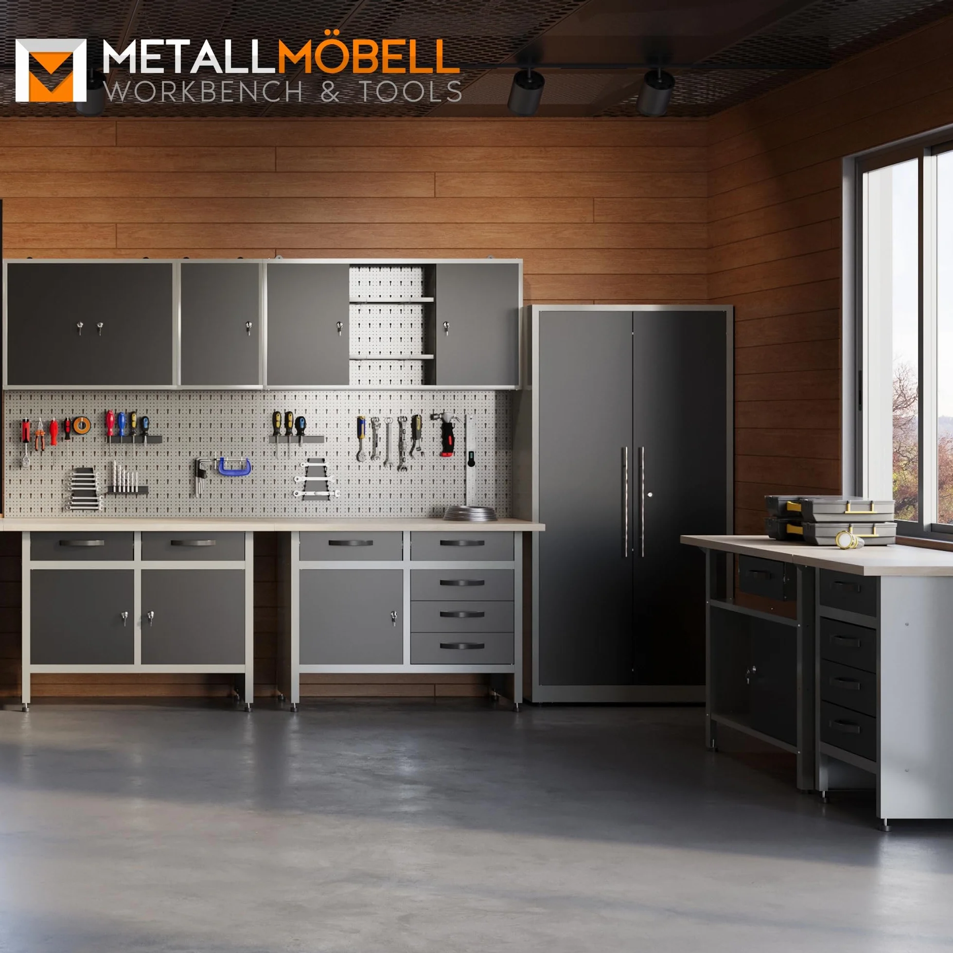 METALLMOBELL Banco de Trabajo Profesional 120x60x84cm Cajón Armario con Llave MB007
