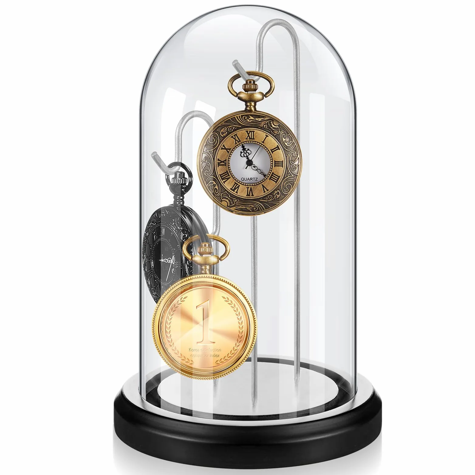 Beeveer Reloj de bolsillo de 4 x 7 pulgadas con cúpula de cristal con 3 ganchos, soporte transparente para reloj de bolsillo, vitrina de cristal con base de madera para adornos, medallas