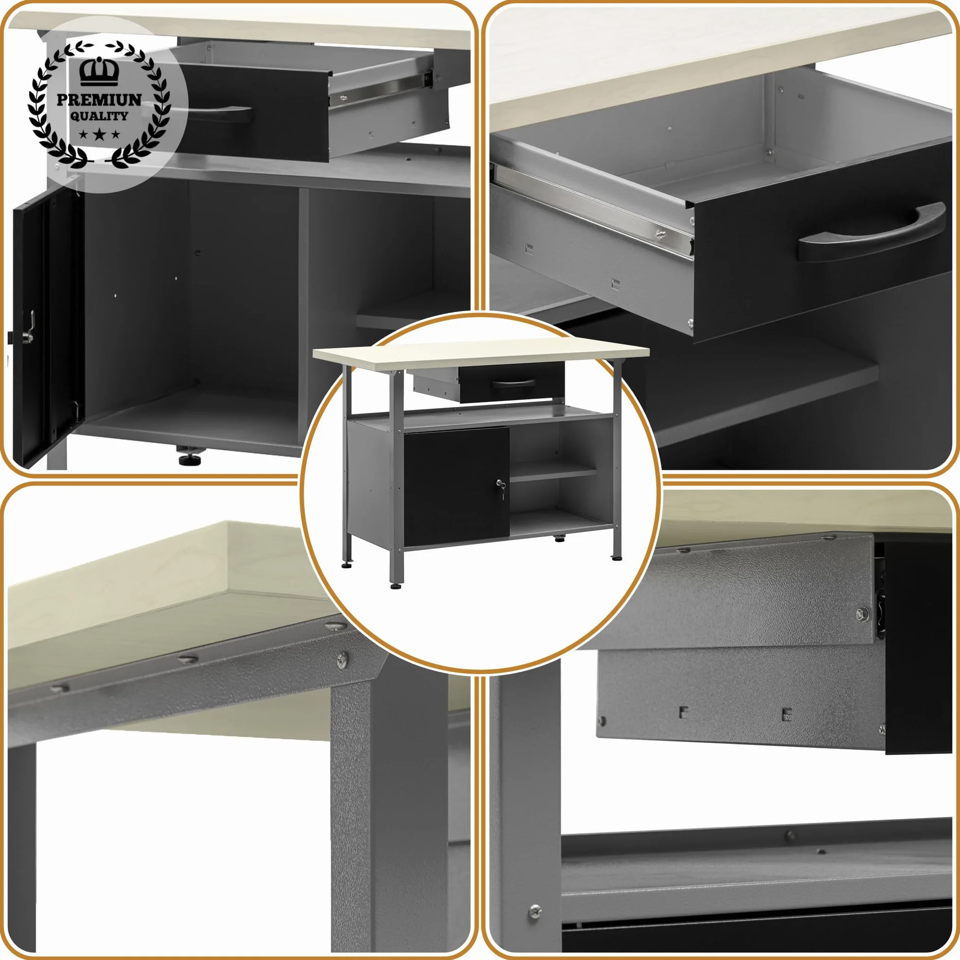 METALLMOBELL Banco de Trabajo Profesional 120x60x84cm Cajón Armario con Llave MB007
