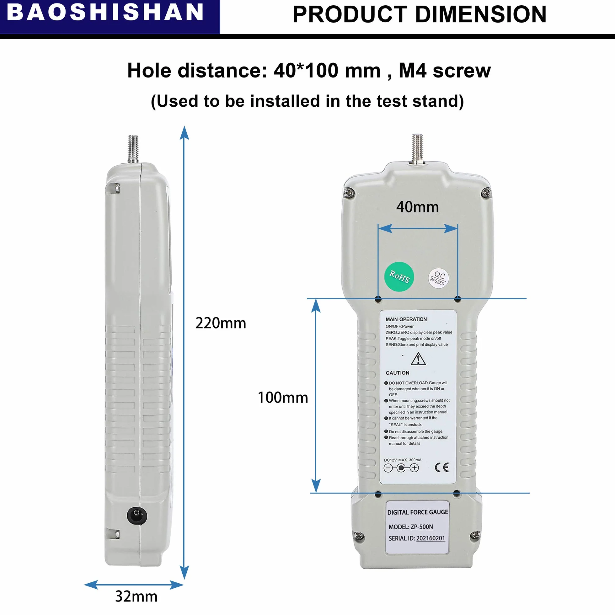 BAOSHISHAN Medidor de Fuerza Digital Dinamómetro Electrónico 500N USB