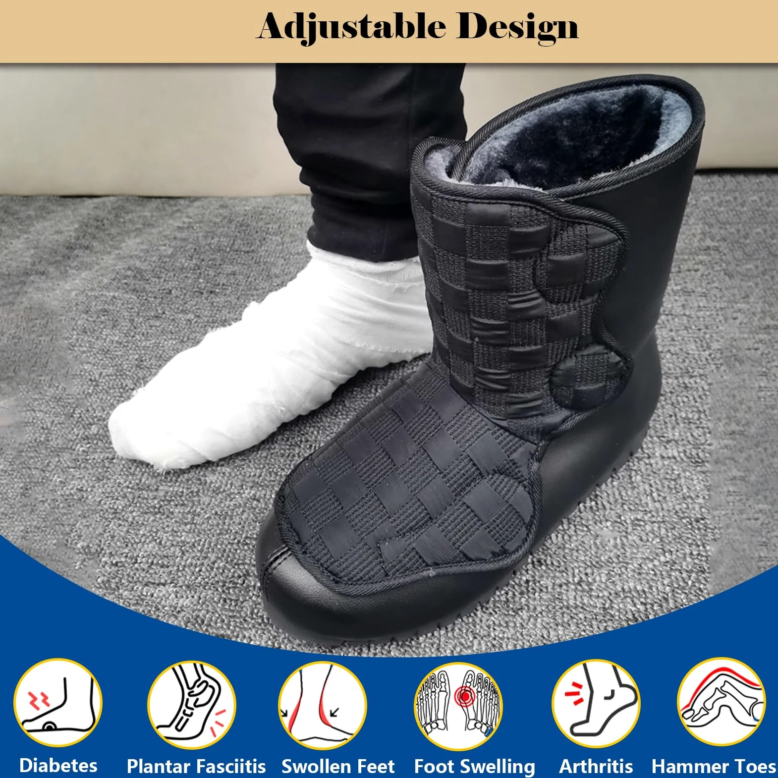 Hombres Mujer Ajustable Botas Turgente Pies Pantufla, Anciano Cómodo Zapatos, Diabético Obesidad Zapatillas para Pies Hinchados