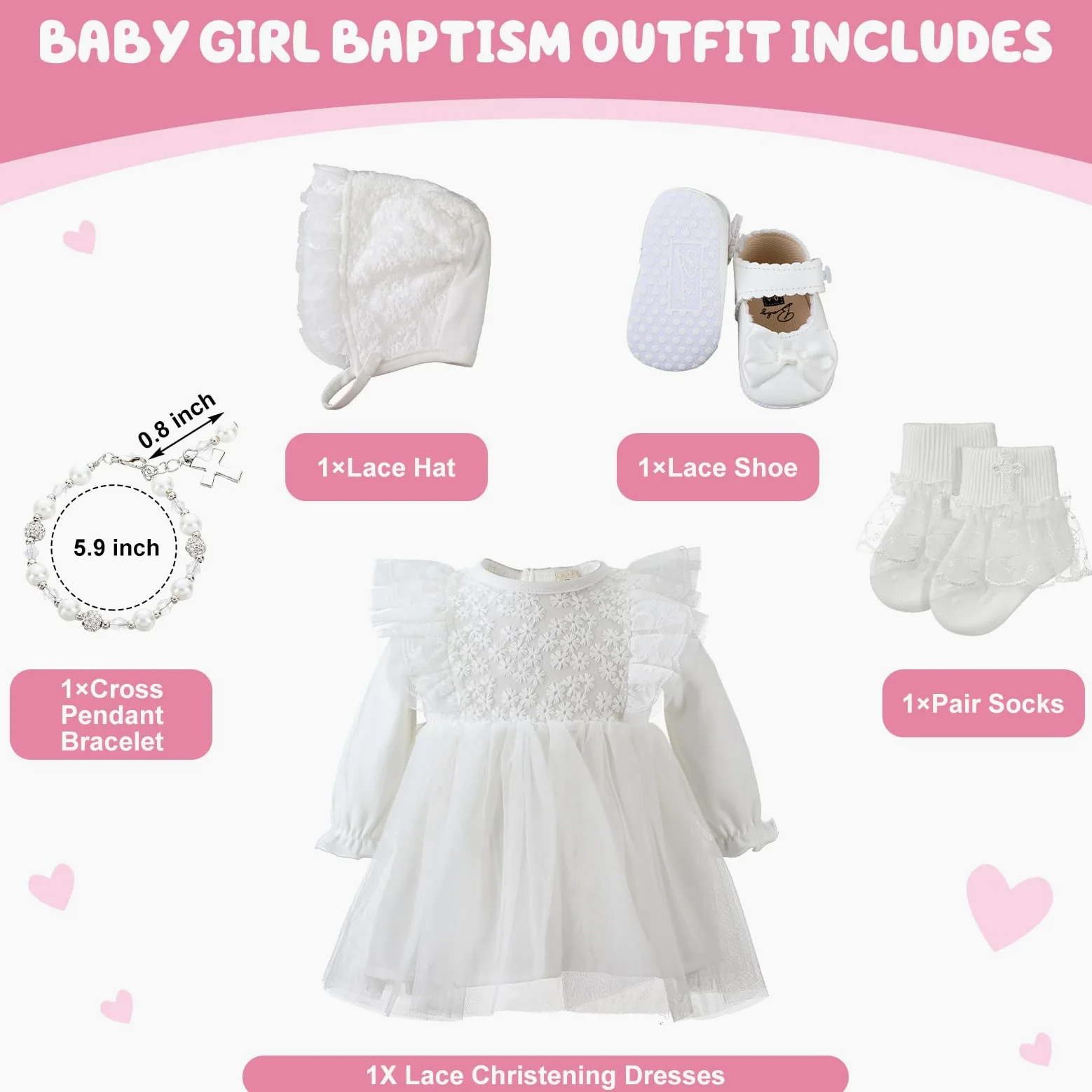 Juego de 5 piezas de vestido de bautizo para niña, incluye vestidos de bautizo, sombrero, cruz, pulsera, calcetines, zapatos
