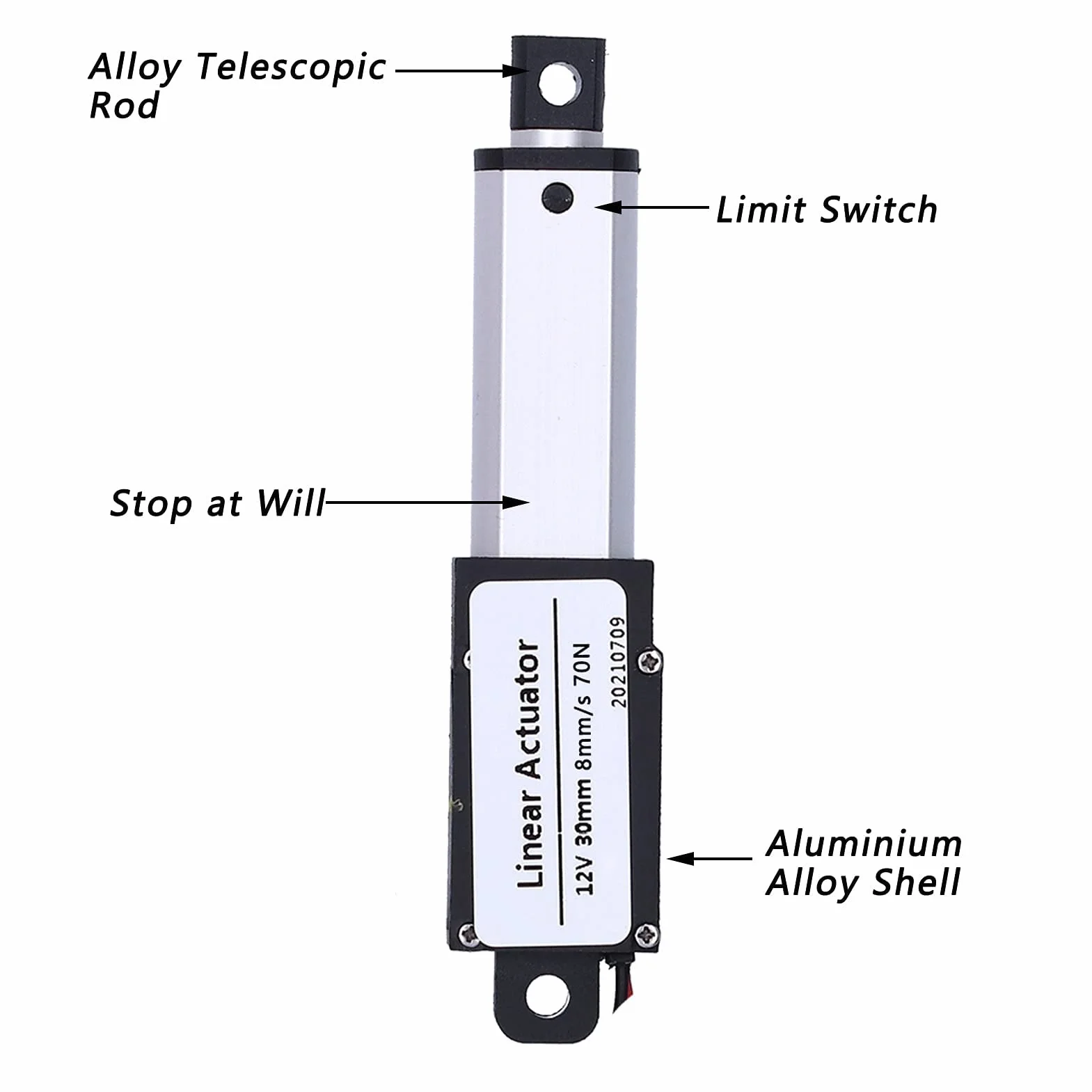 Actuador Lineal Eléctrico 30mm 12V DC Impermeable 8mm/s 70N