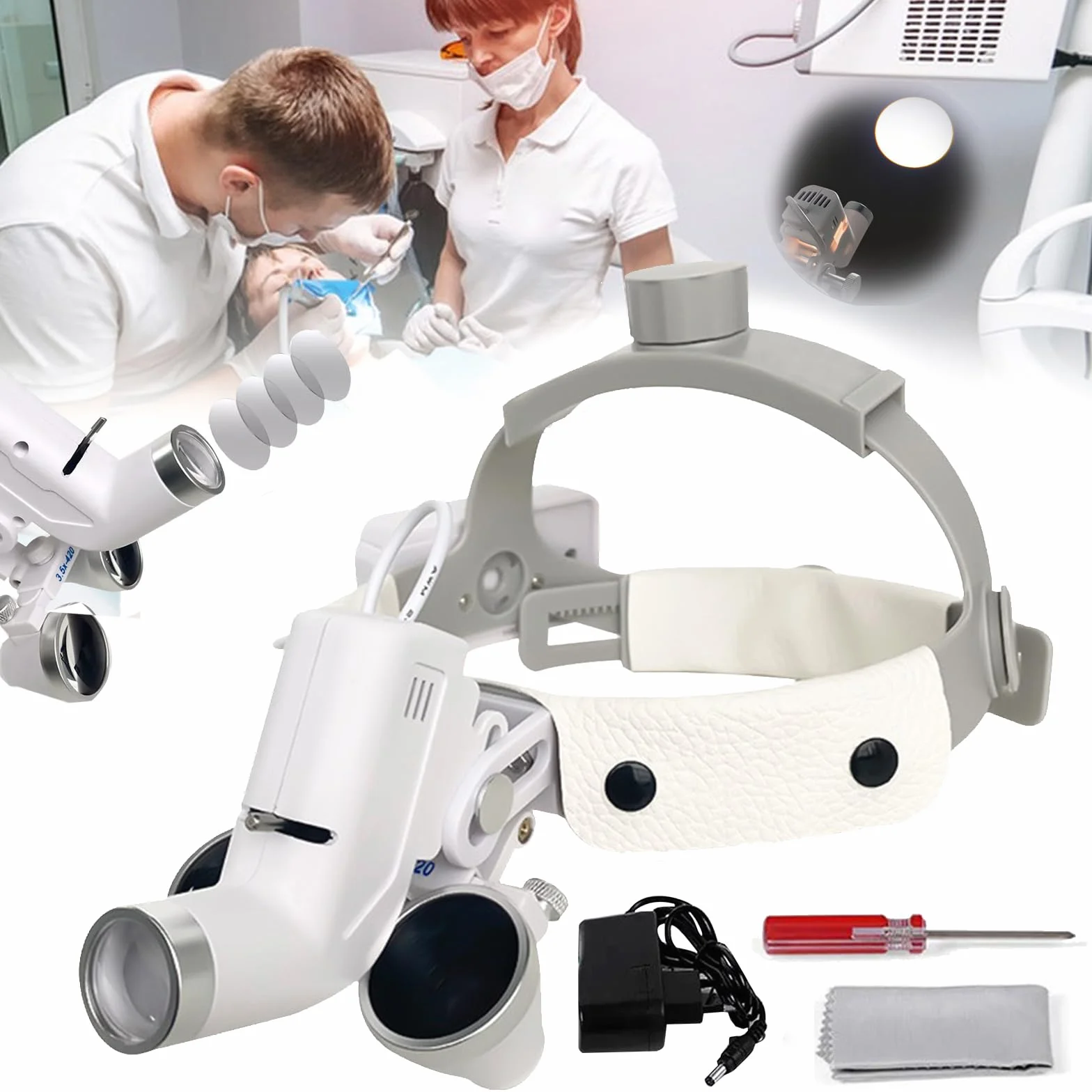 Lupas Quirúrgicas Dentales Médicas 3.5X 420mm con Lámpara LED 5W Ajustable
