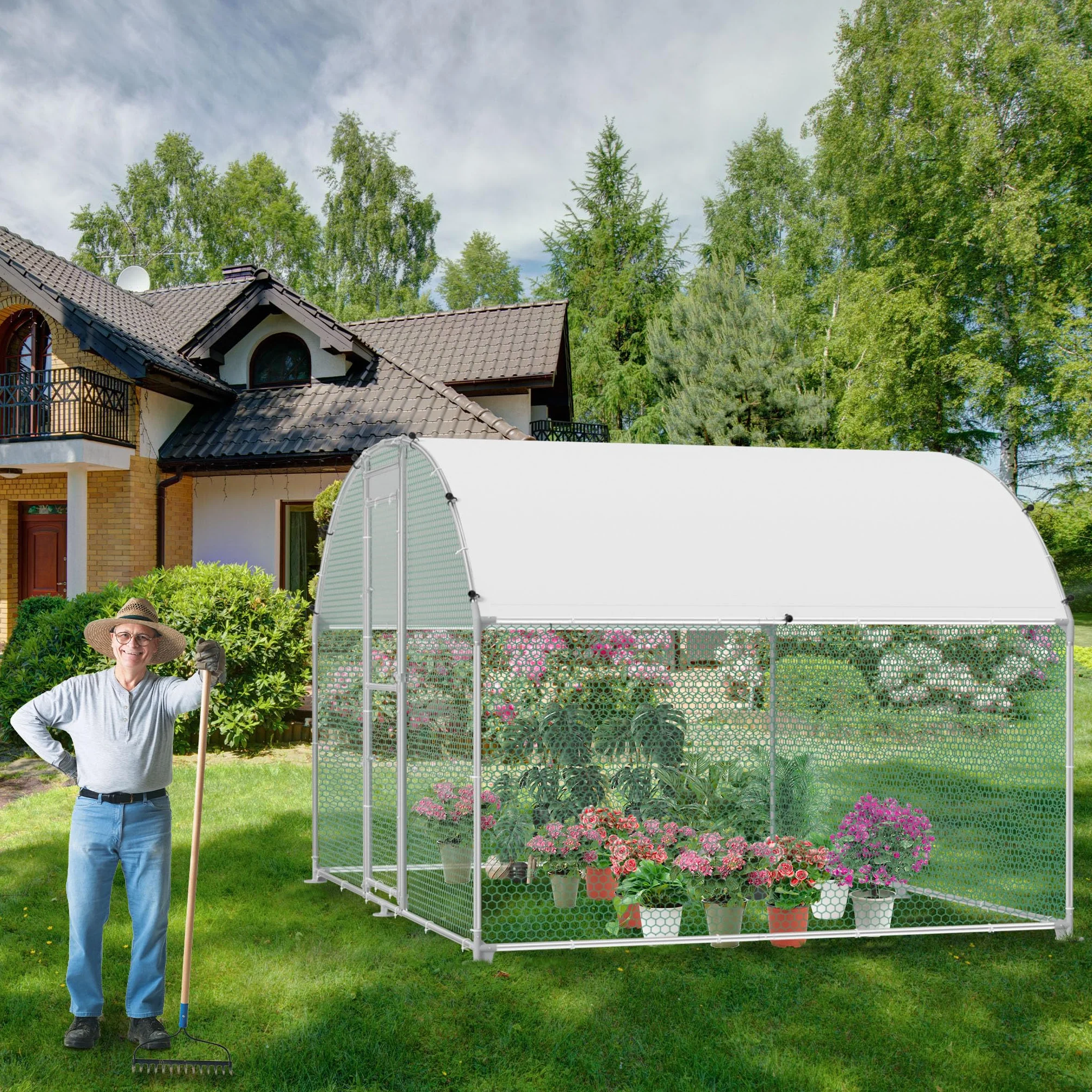HENGMEI Gallinero 300x200x200cm Acero galvanizado Jaula para gallinas con techo de PE Exterior