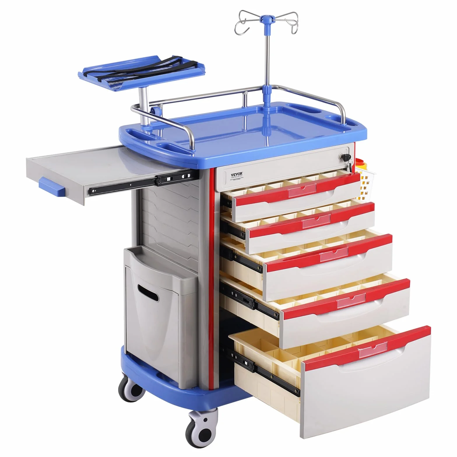 VEVOR Carro de Laboratorio de 5 Niveles Médico con 5 Cajones y 4 Ruedas Silenciosas Móvil PP Azul