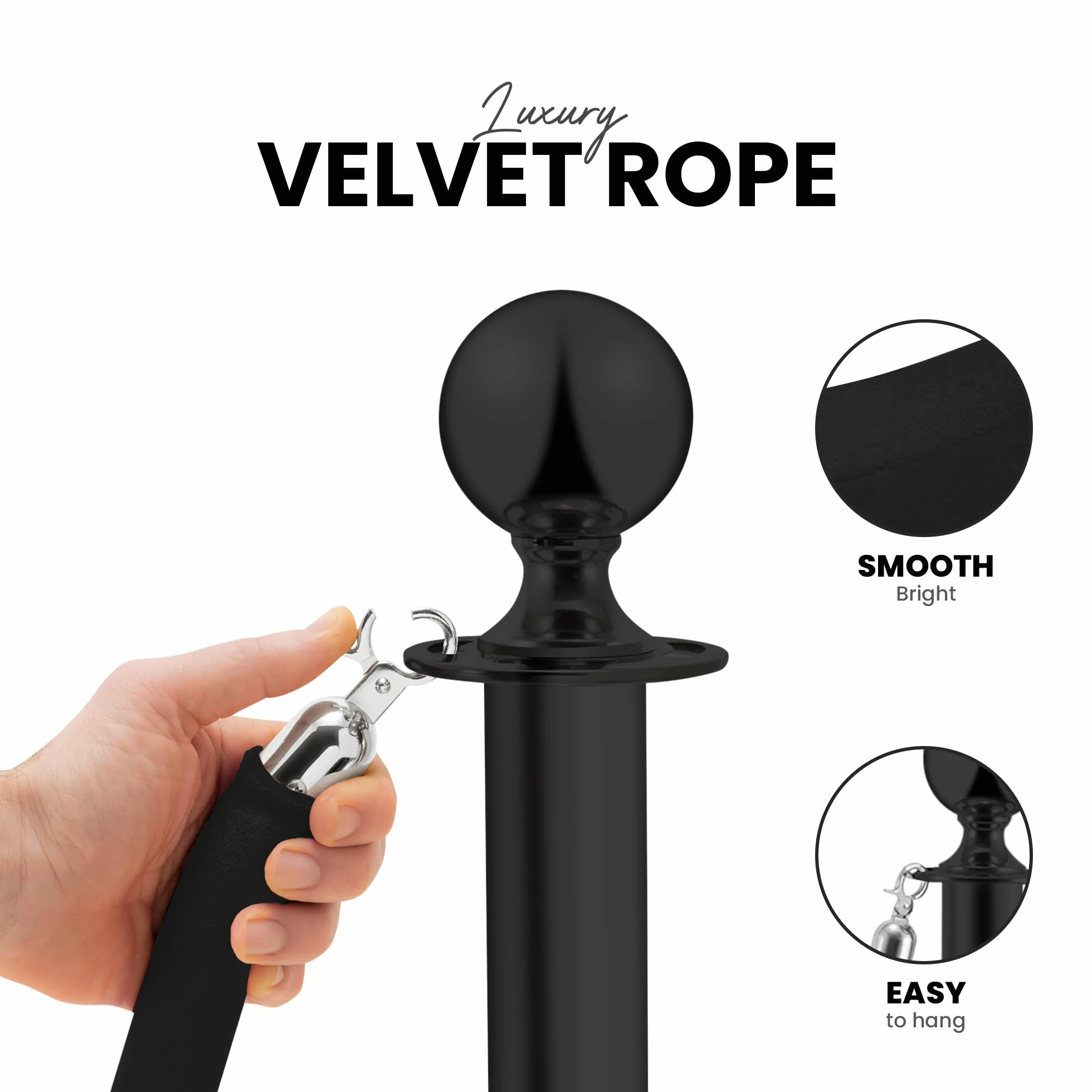 Postes Separadores de Acero Inoxidable Negro 90 cm 2 Piezas con Cuerda de Terciopelo 1,5 m Control de Multitudes