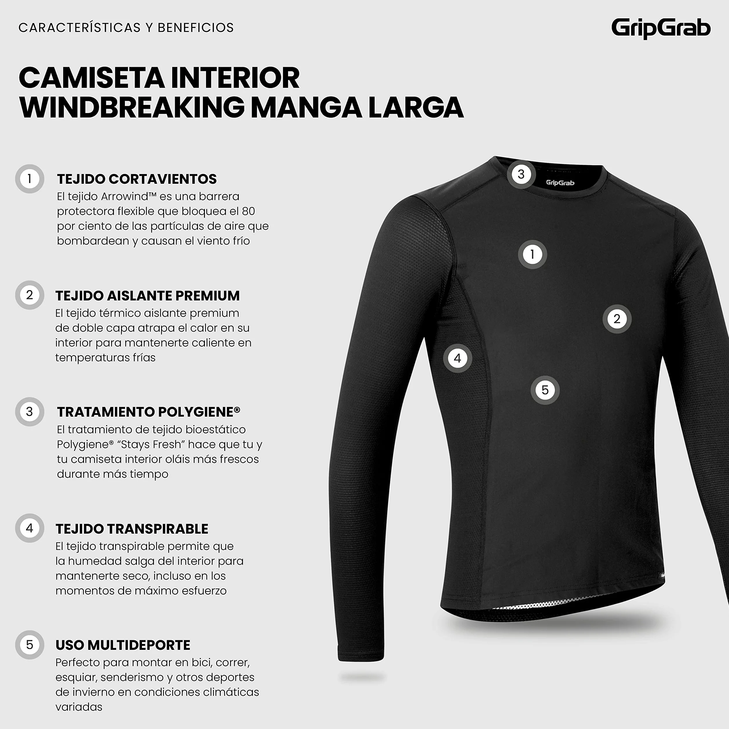 GripGrab Camiseta Interior Térmica Windbreaking Manga Larga Cortavientos de Invierno Transpirable Anti Olor Unisex