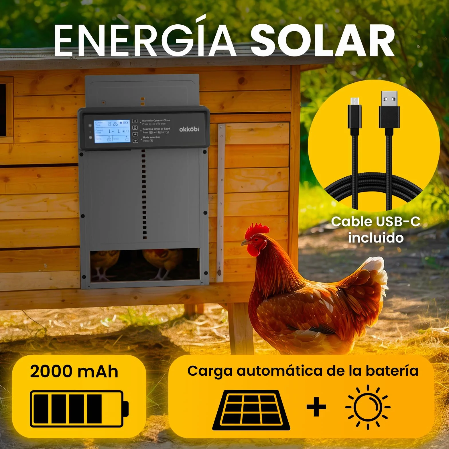 Puerta Gallinero Automatica Solar con Mando a Distancia, Sensor de Luz y Temporizador - Gris