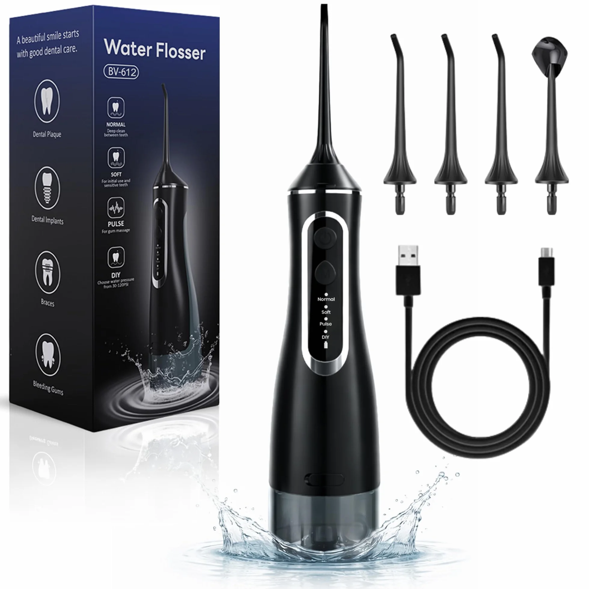 BeFit Water Flosser Portatil 320ml IPX8 4 Modos 120PSI 1400-1800/min Batería Recargable USB 1200 mAh