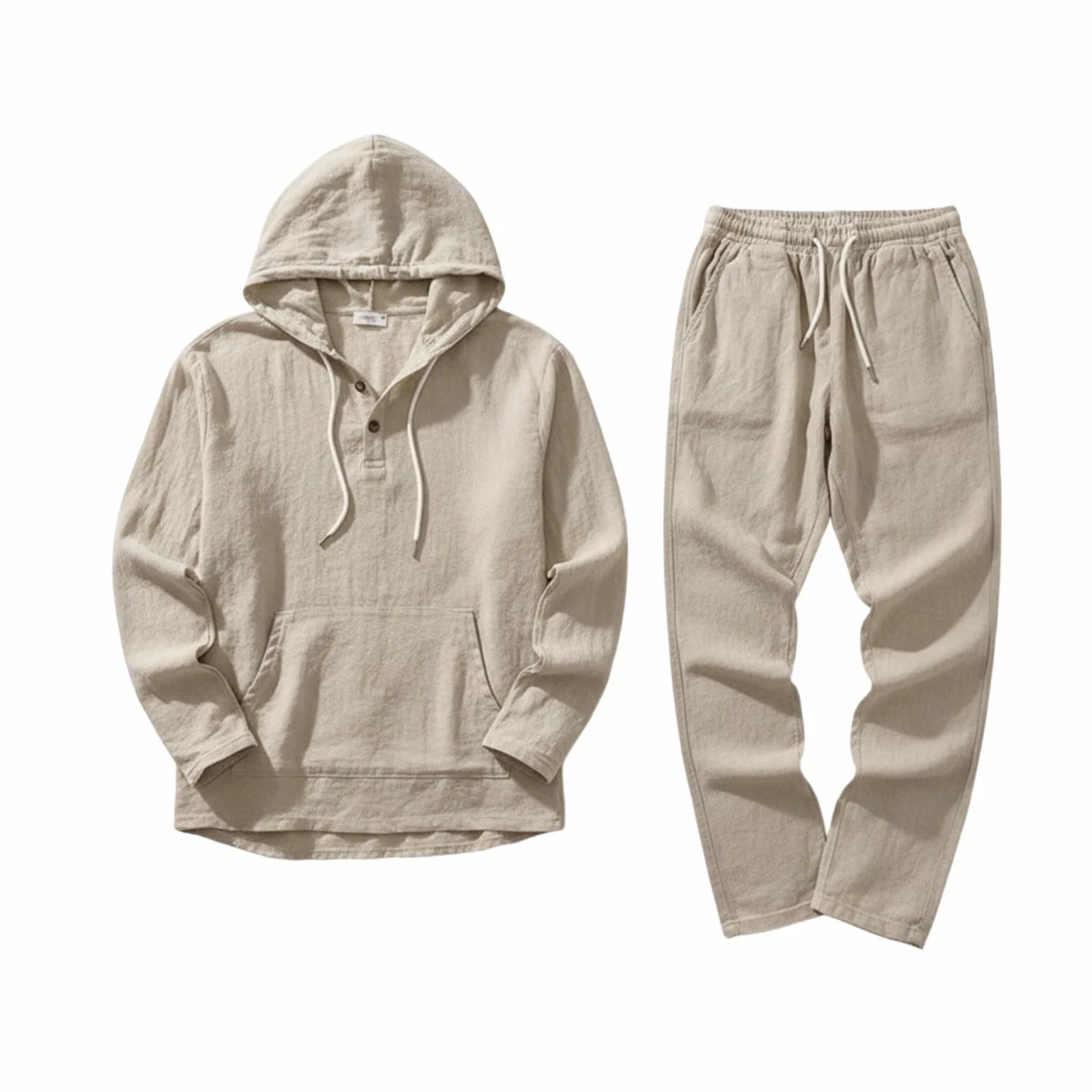 Generisch Ropa de lino para hombre, traje deportivo ligero de manga larga, sudadera de 2 piezas con capucha y pantalones de playa, traje de ocio, traje de jogging informal, chándal informal para