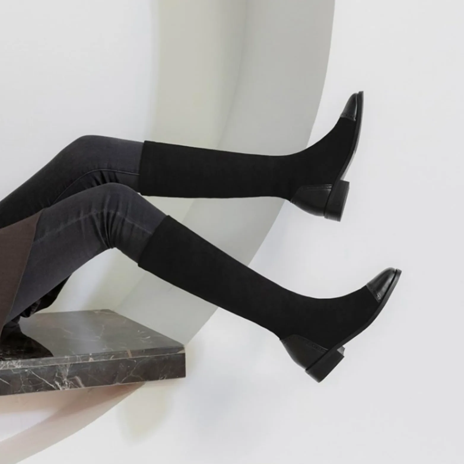 Mujer Botas Altas De Tacón Bajo Pantorrilla Estrecha, Botas De Montar Elásticas Botas Negras De Invierno Suede Tacón Chunky Botas Largas Cálidas Botas Slouch