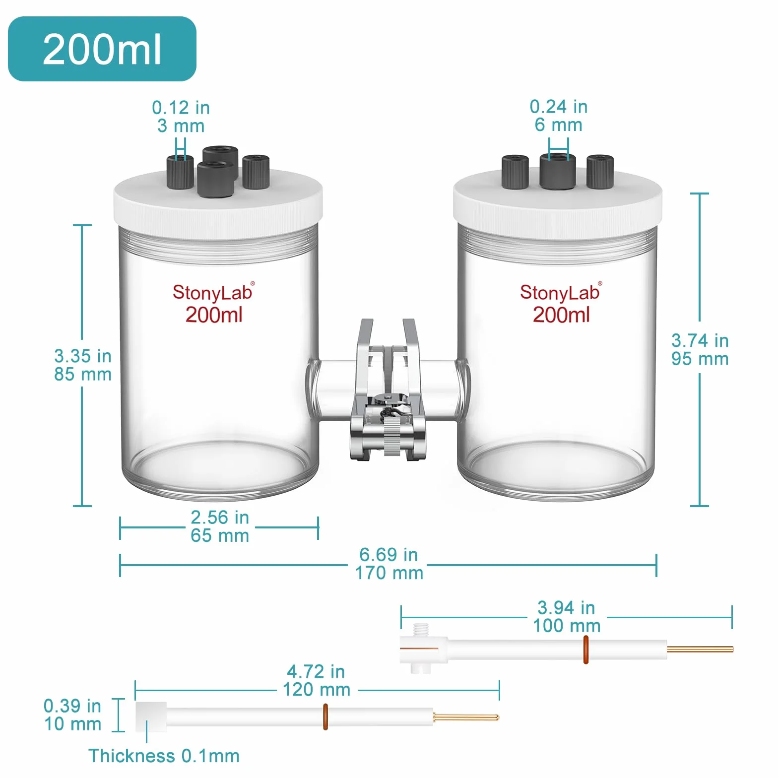 stonylab Celdas Electrolíticas Tipo-H Borosilicato Membrana de Intercambio Iónico Reemplazable 200 ml