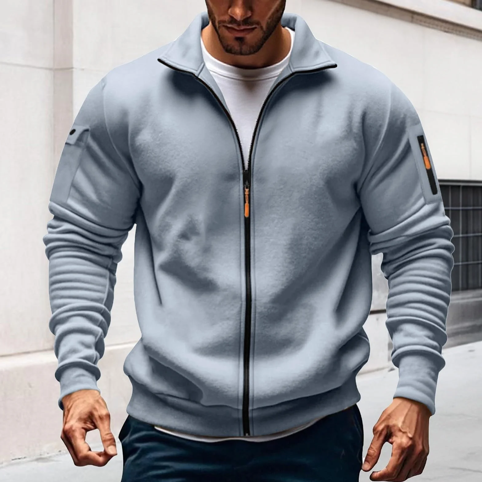 Generico Sudadera con Cremallera Hombre Sin Capucha Invierno Casual Chaqueta Deportiva Militar Sudaderas con Cremallera Ligera Manga Larga Sweatshirt con Bolsillos Vintage Trekking Chaqueta de Trabajo