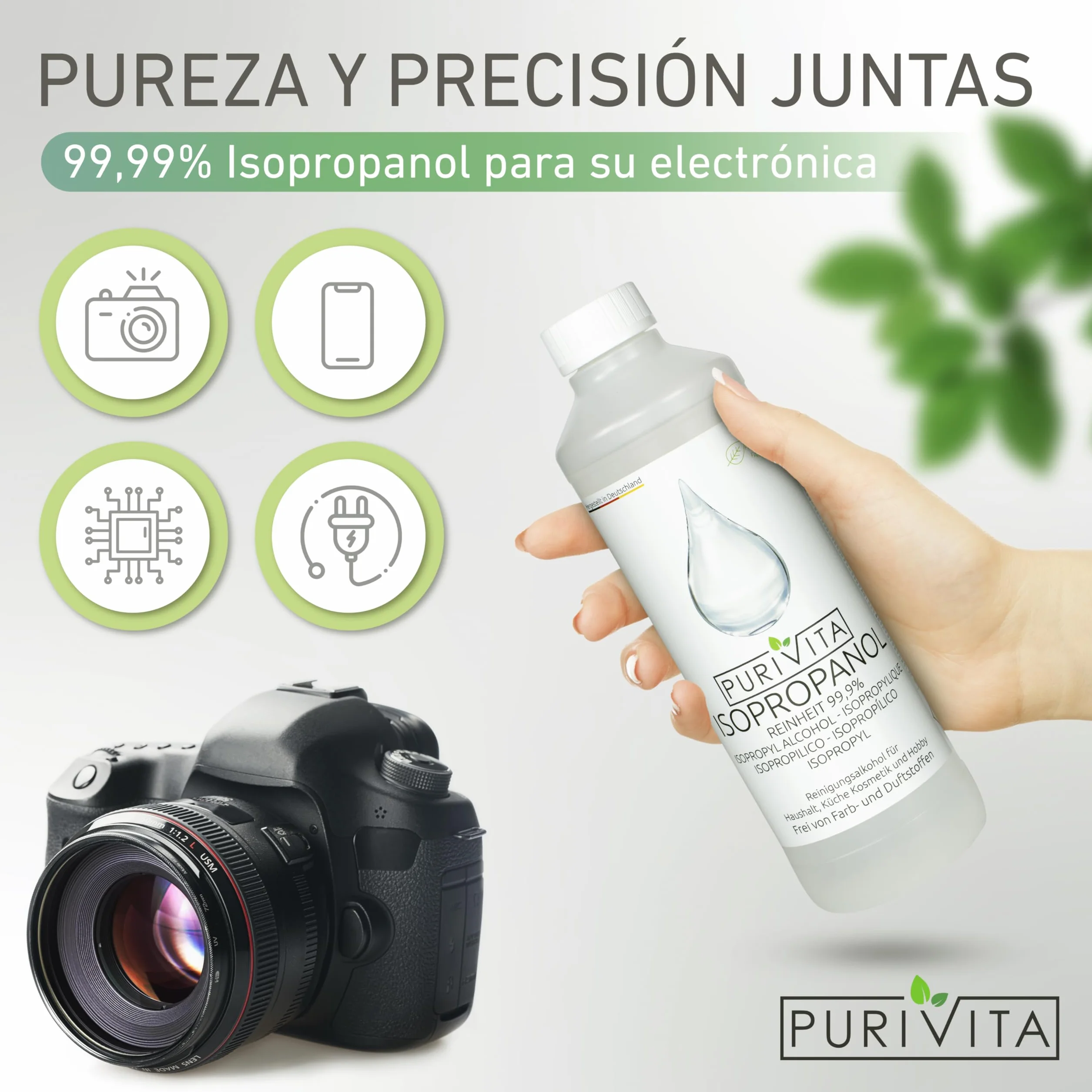 PURIVITA Alcohol Isopropilico 99,9% 500ML - Isopropyl Alcohol Limpiador Desengrasante