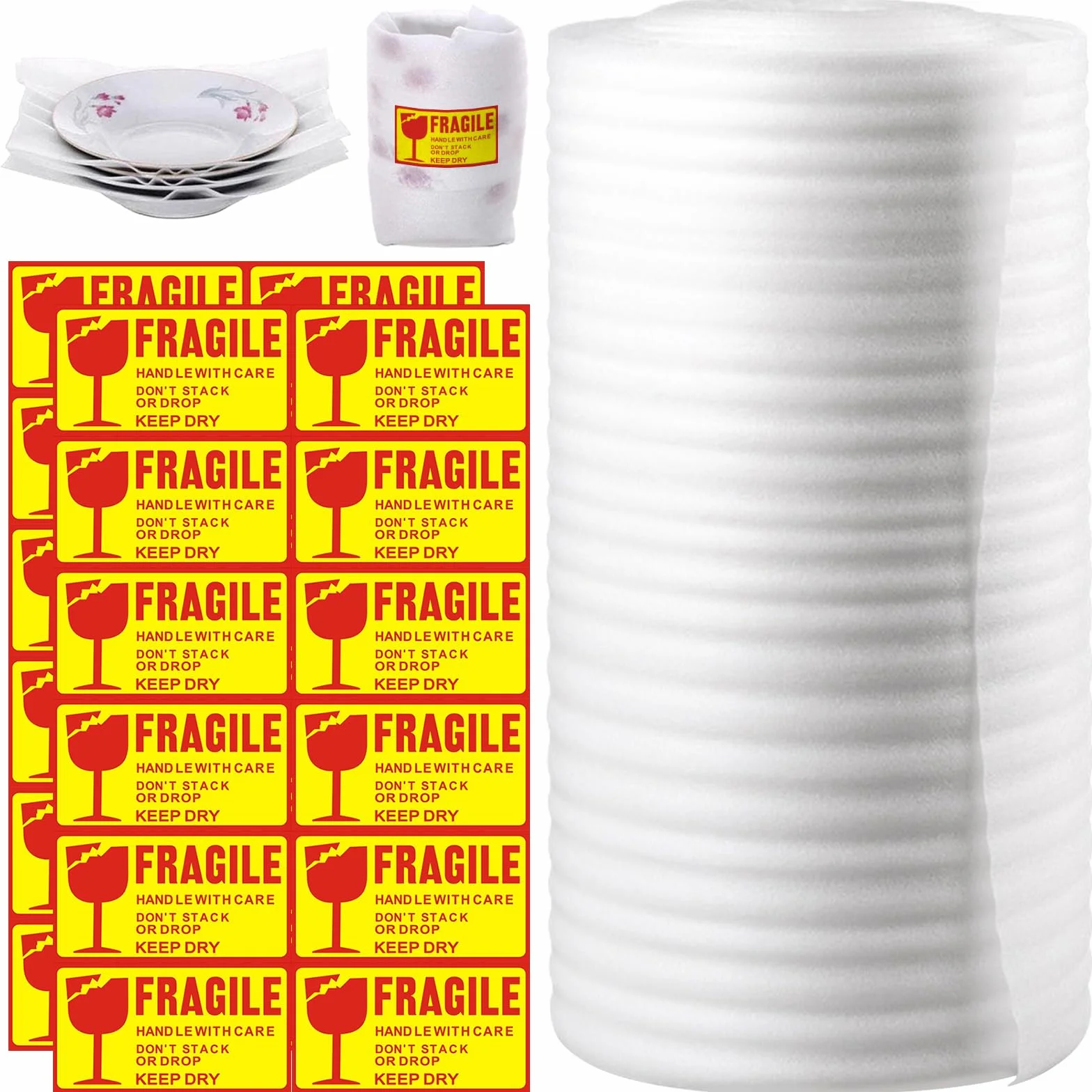 Rollo de espuma para embalaje 30 cm x 10 m con etiquetas frágiles