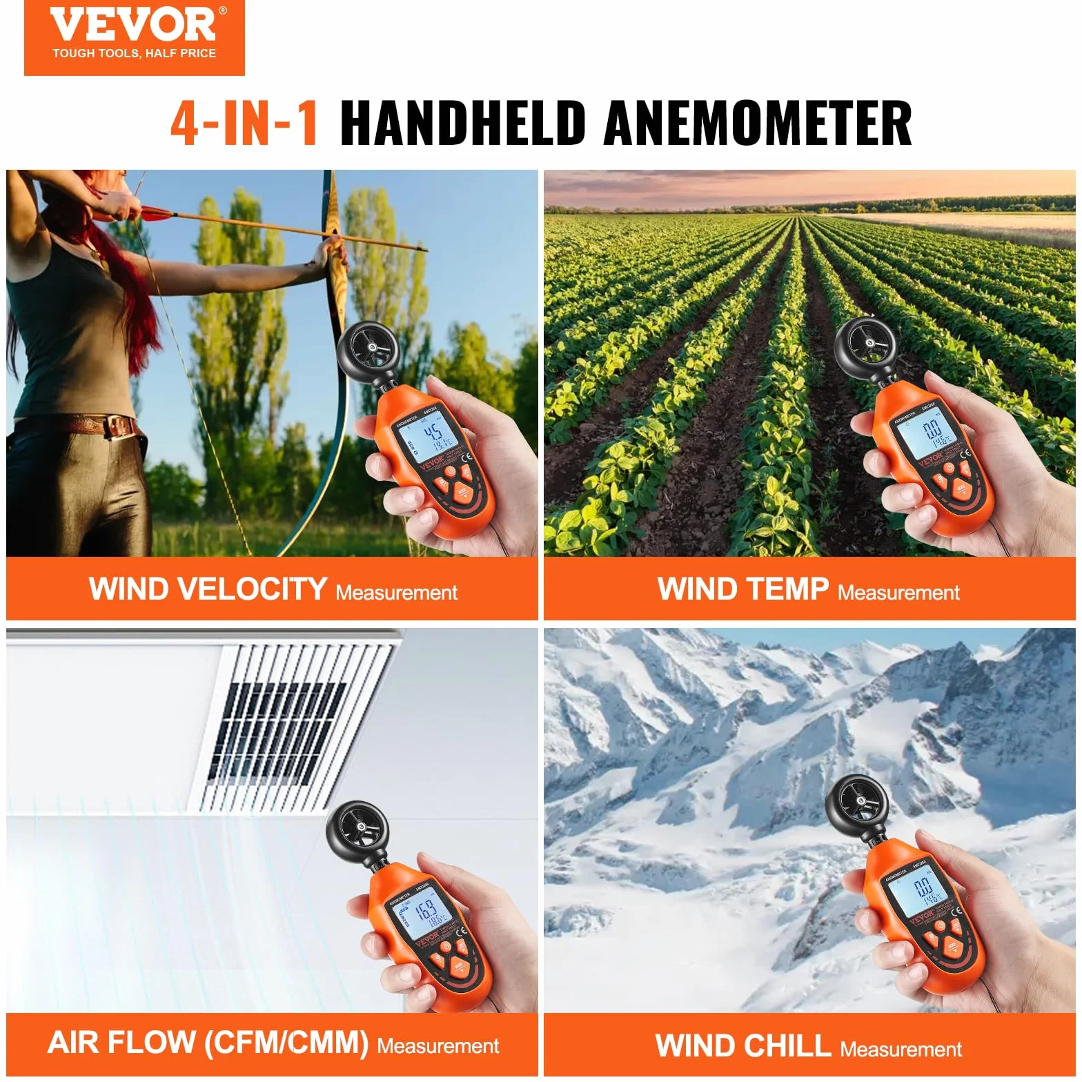 VEVOR Anemómetro Portátil Digital con Pantalla LED -10~45°C Medir Velocidad del Viento Temperatura