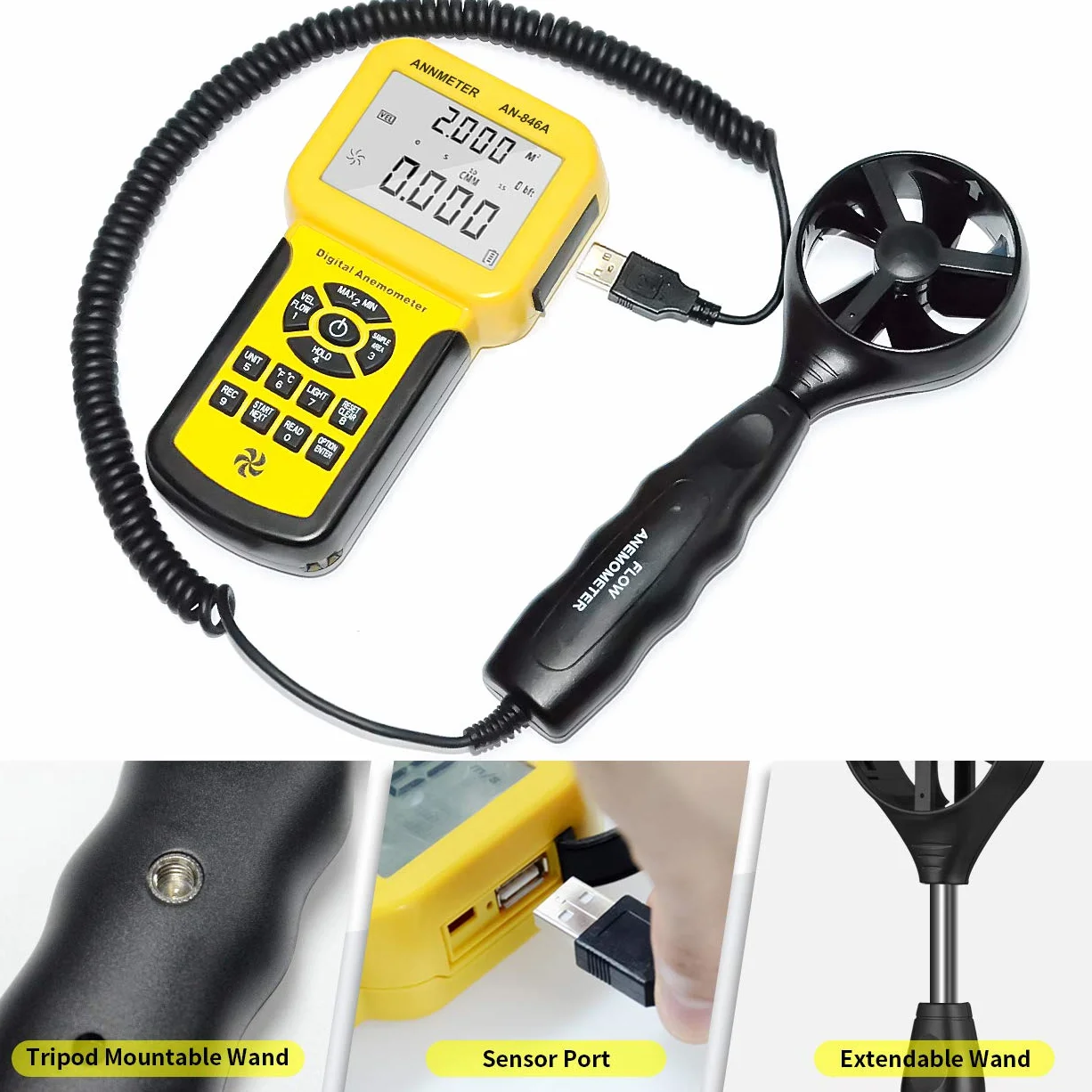AIOMEST AI-846A Anemómetro Digital de Mano CFM Medidor de Velocidad del Viento con Max/Min/Avg Temperatura HVAC