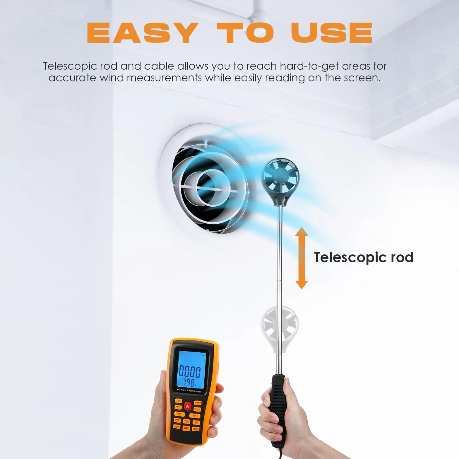 Bonvoisin Anemómetro de mano CFM CMM Medidor velocidad flujo aire pantalla LCD retroiluminada HVAC conducto