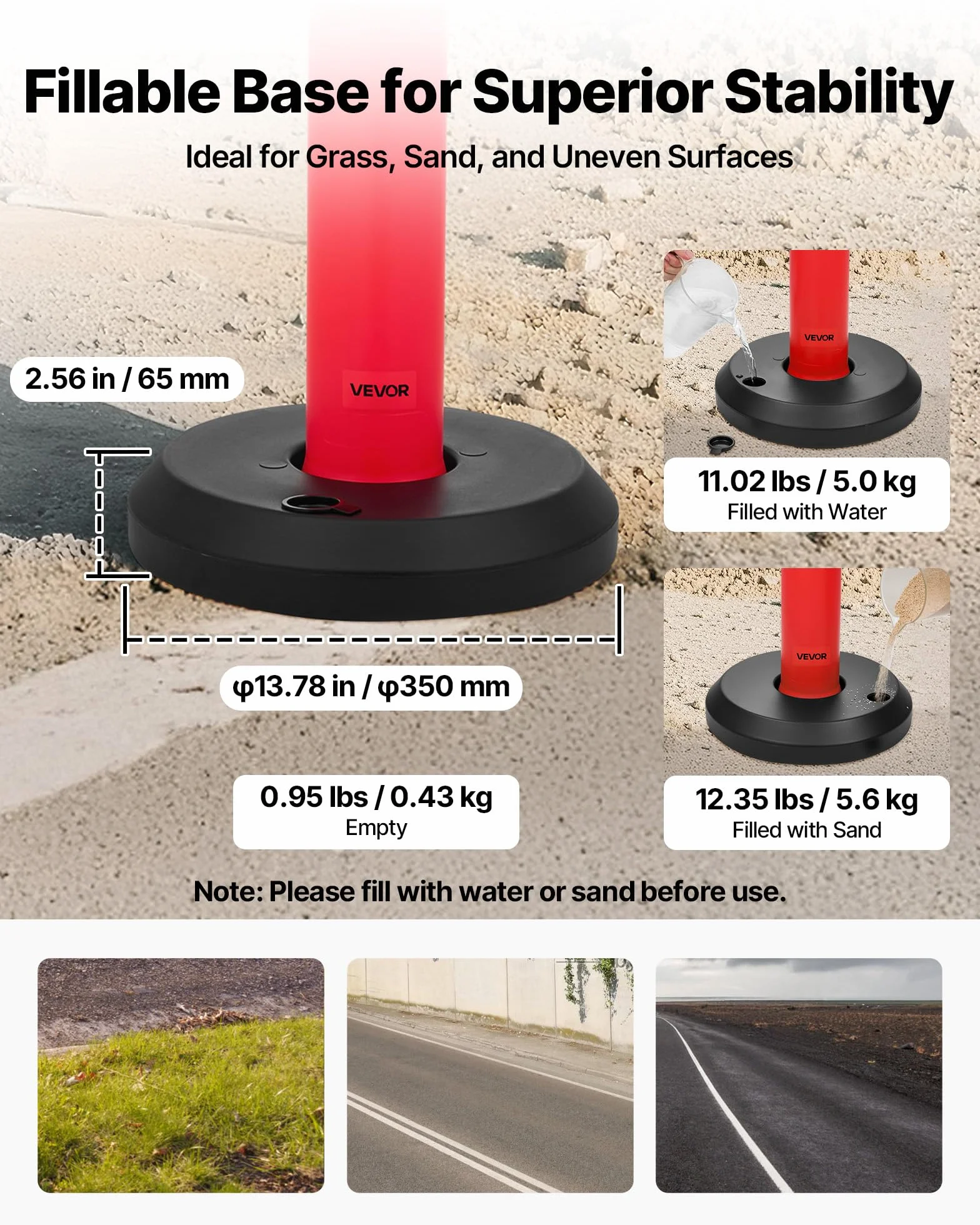 VEVOR Postes de Tráfico 9 Piezas Bolardo 1140 mm Base Rellenable Banda Reflectante Rojo