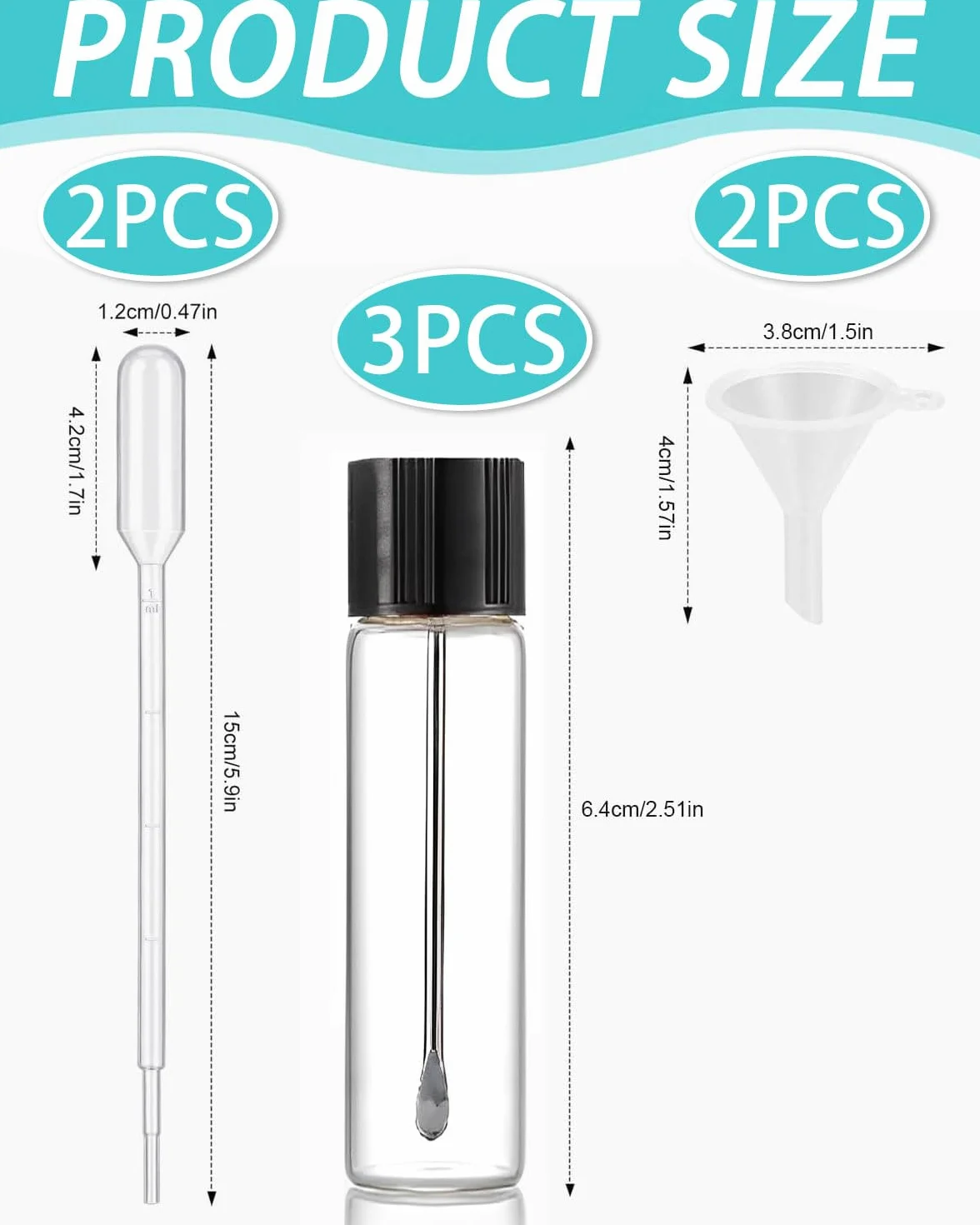 Viales de muestra de laboratorio 65Mm Frasco Almacenamiento Vidrio Transparente con Cuchara Telescópica 2 Embudos 2 Goteros