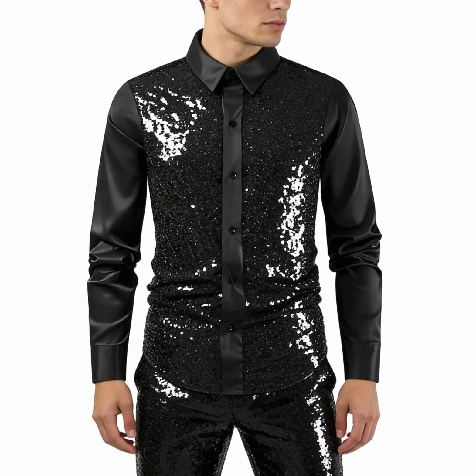 Camisas Hombre Manga Corta Camisa de Manga Larga con Detalles metálicos y Lentejuelas para espectáculos en Escenario y Eventos Festivos