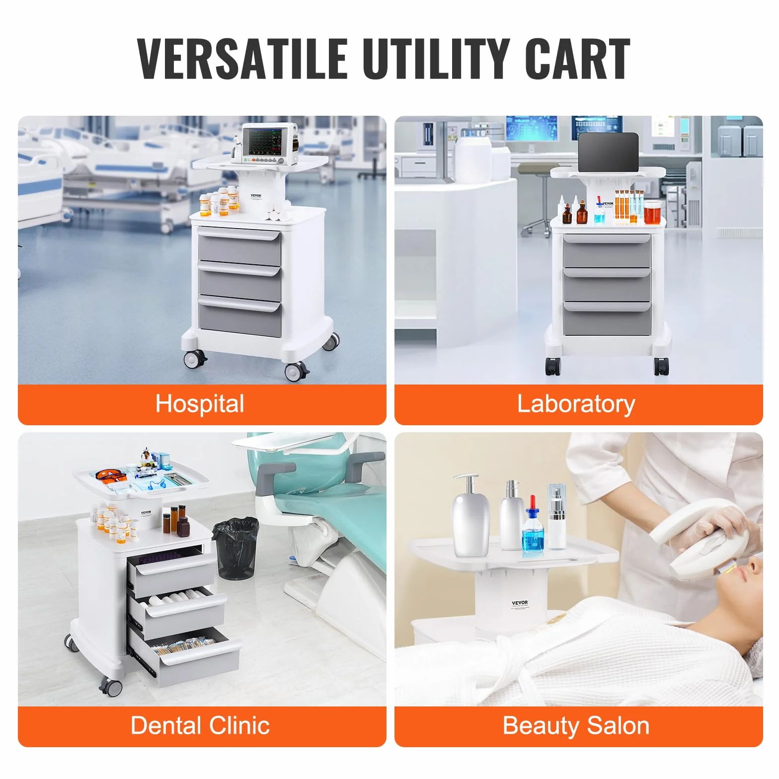 VEVOR Carro Médico 4 Niveles con 3 Cajones, Bandeja Superior, Ruedas Silenciosas, ABS, Blanco