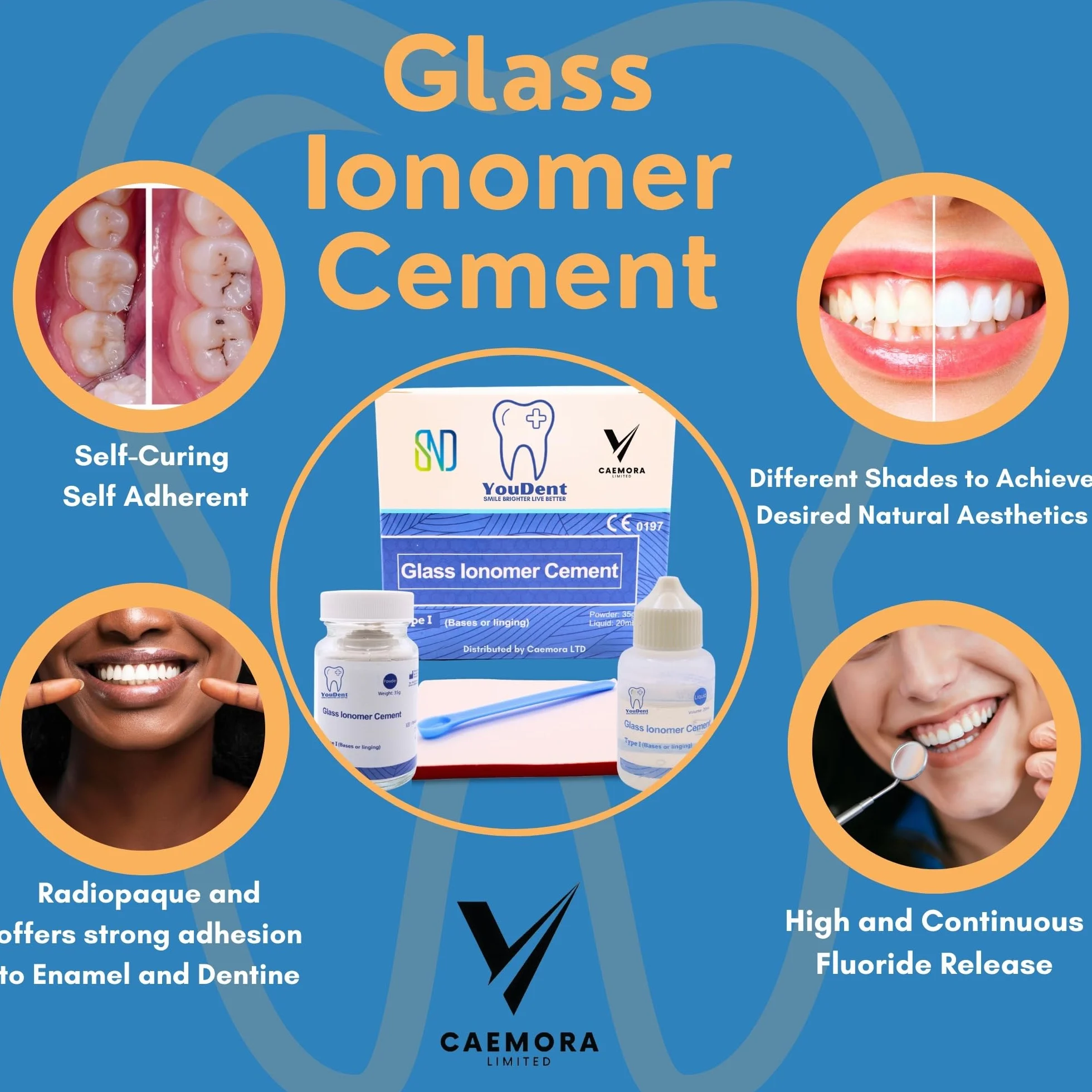 Caemora Kit de reparación dental Cemento dental de ionómero de vidrio Relleno permanente