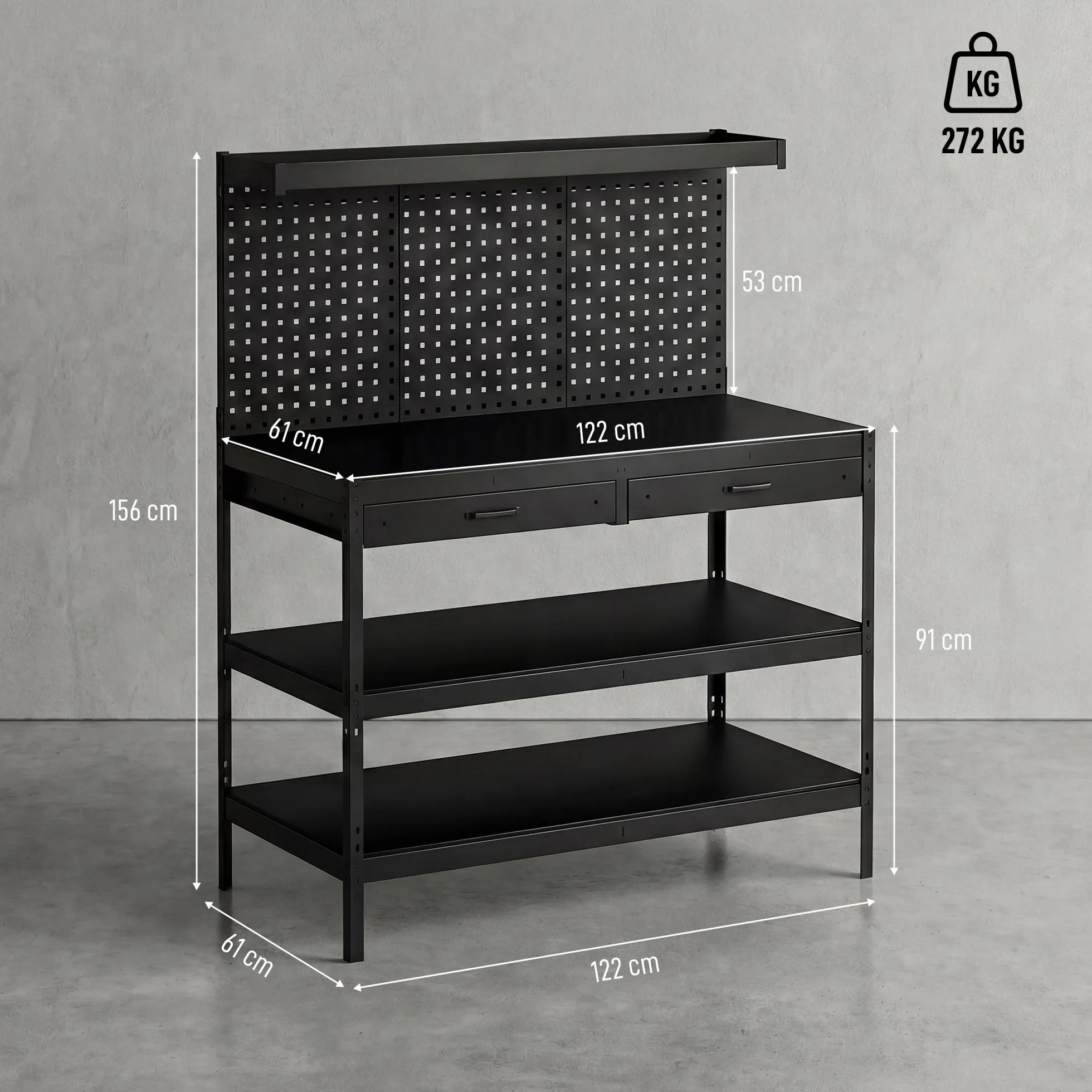 HOMCOM Banco de trabajo 1220 x 610 x 1560 mm con pared perforada, 2 cajones y 2 estantes ajustables, 272 kg capacidad