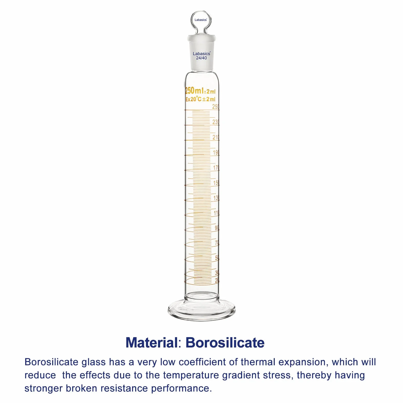 Labasics Cilindro Graduado con Tapón 250 ml Vidrio Borosilicato Junta Esmerilada 24/40 Laboratorio Medición Líquidos