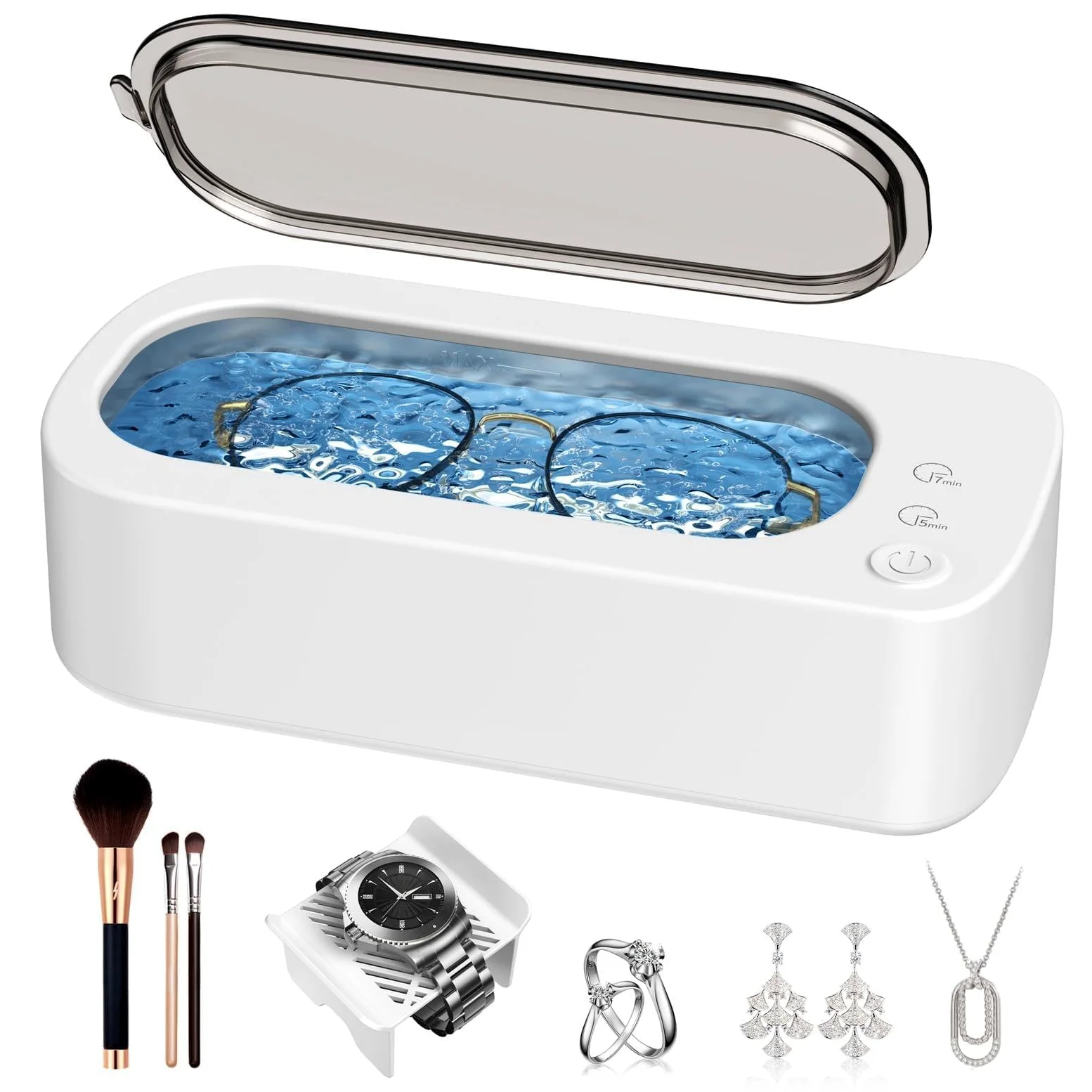 Máquina limpiadora ultrasónica de joyas: limpiador ultrasónico de 48 KHz para joyas, anteojos, anillos, correa de reloj, dentaduras, con modos de limpieza duales, tanque de acero inoxidable 304