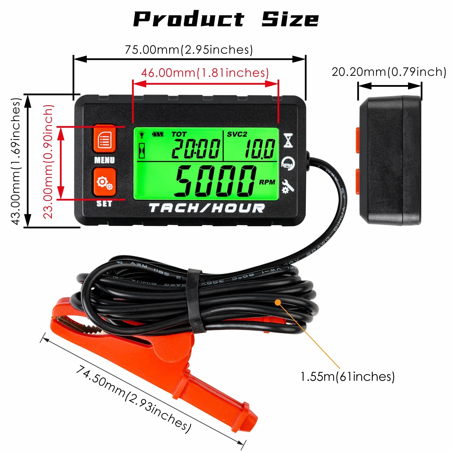 Tacómetro digital contador de horas impermeable con pinza de cocodrilo y batería reemplazable