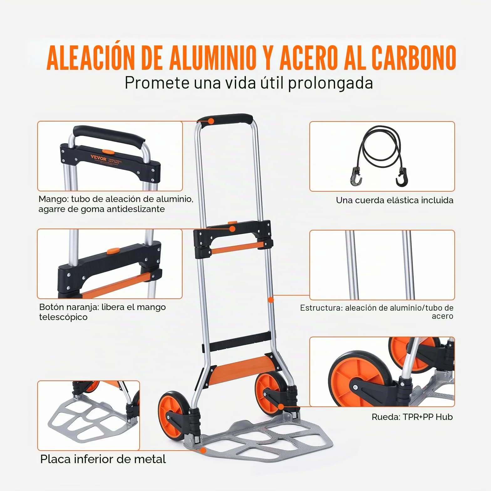 VEVOR Carretilla de Mano Plegable de Aluminio Carga 125 kg Carro de Mano con Ruedas de Goma Mango Telescópico