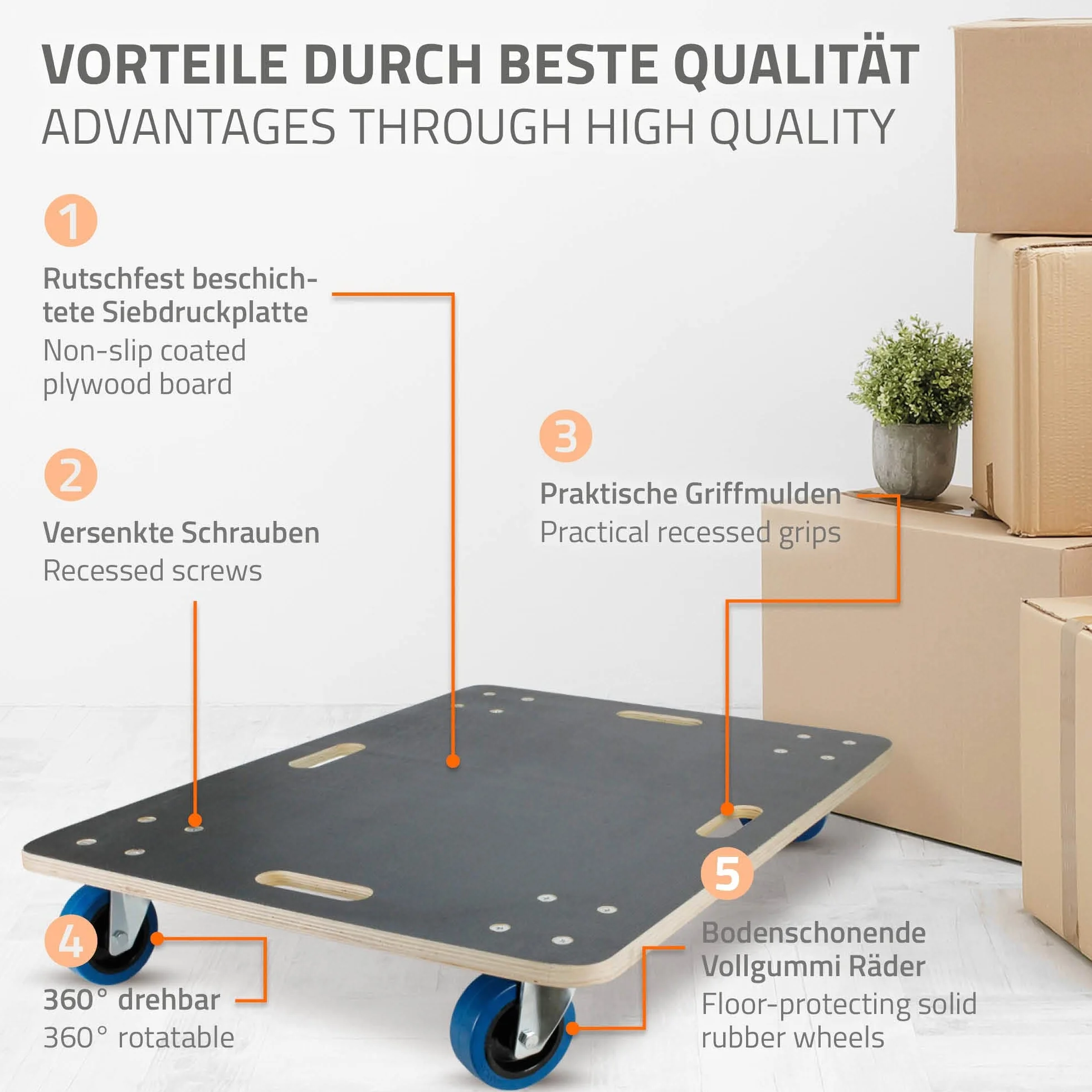 ECD Germany Rodillo Transporte Muebles 60x80cm 800kg Ruedas PP Plataforma