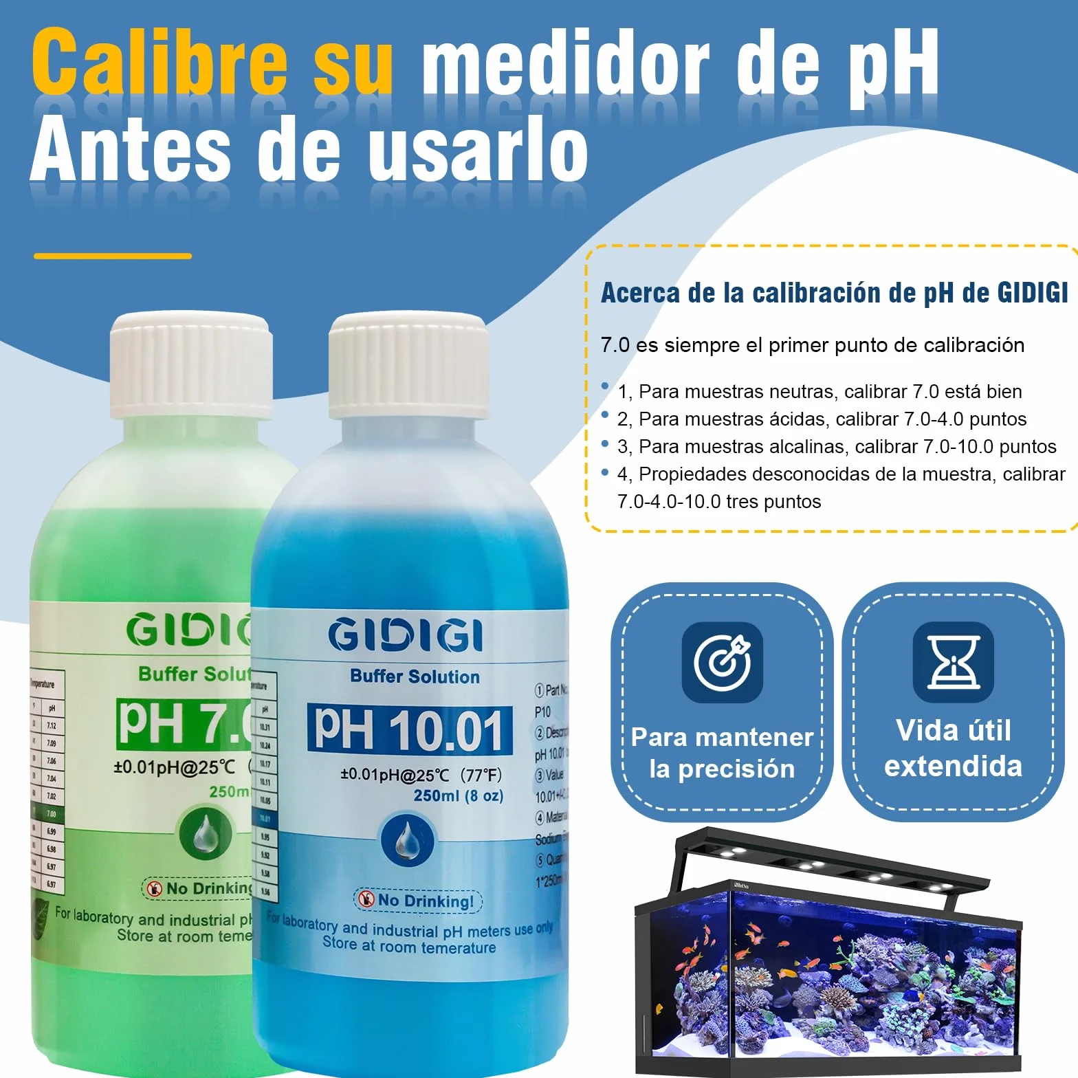 Kit de solución de calibración de medidor de pH, pH 7,00, 10,01 y solución de protección de electrodo