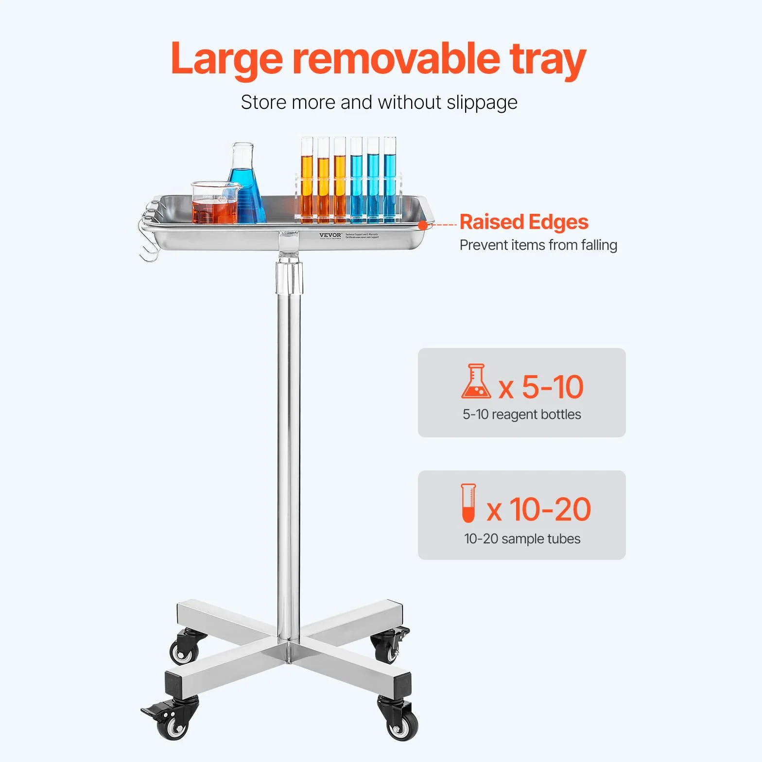 VEVOR Carro de Laboratorio Acero Inoxidable 16 kg Altura Ajustable 84-132,5 cm Bandeja Médica Extraíble