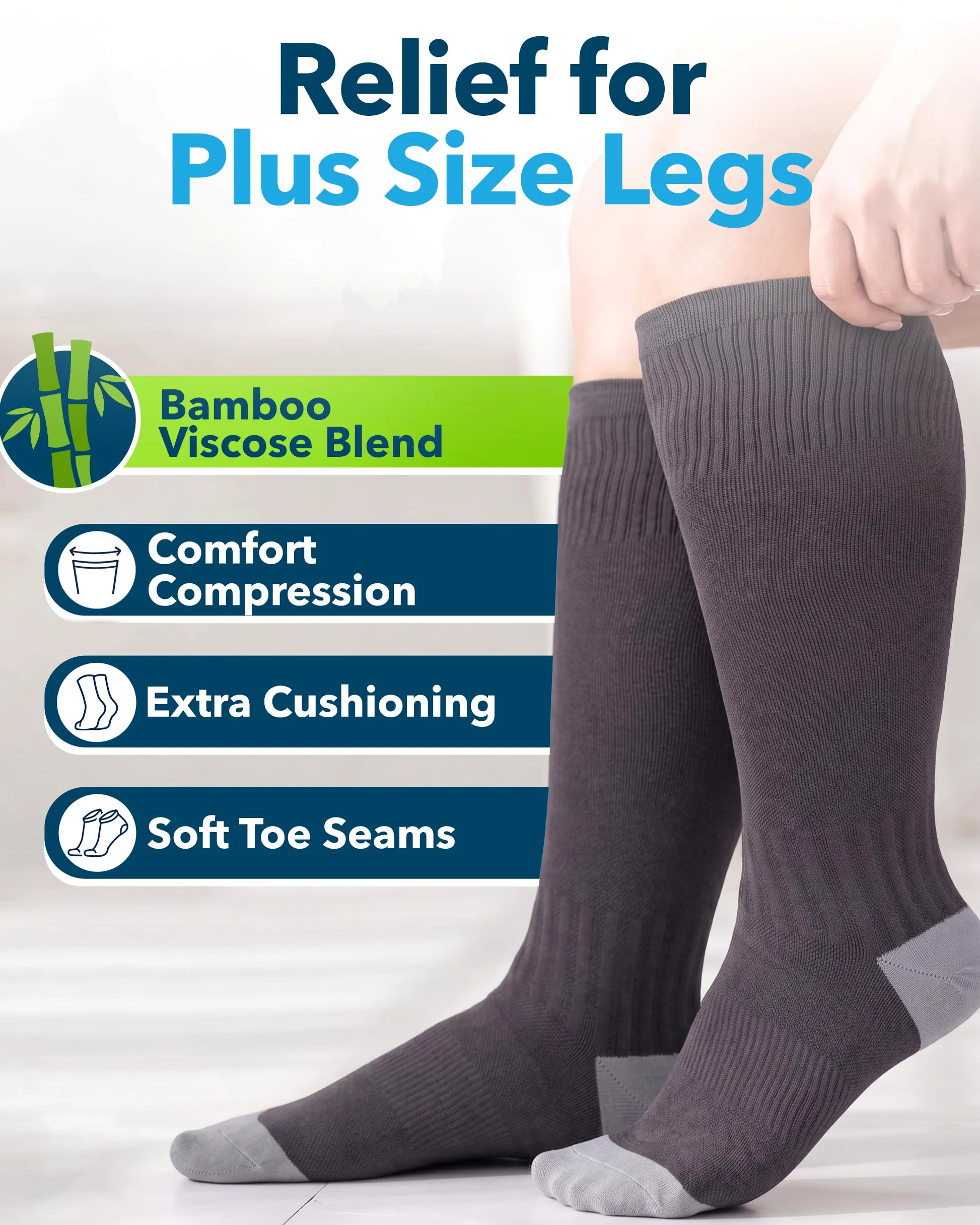 Doctor's Select 3 pares de calcetines de compresión de talla grande, pantorrilla ancha, viscosa de bambú, hasta la rodilla, soporte de circulación, Negro/Gris/Azul marino, XX-Large