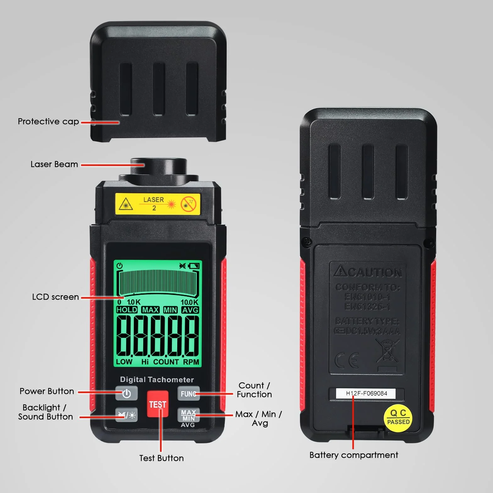 Tacómetro Digital Sin Contacto RPM 10-99999 Sensor Fotoeléctrico Láser Alta Precisión Pantalla LCD Cinta Reflectora