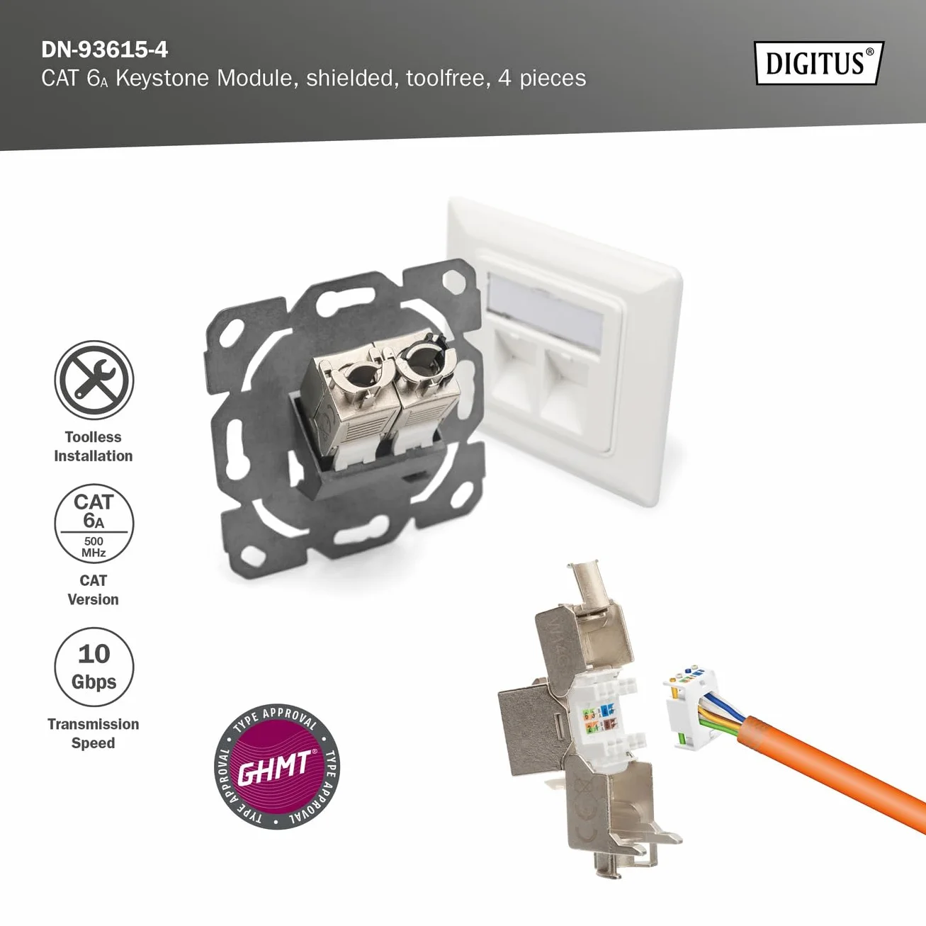 DIGITUS Módulo Keystone Cat-6A blindado RJ45 500 MHz 10GBase-T 4 unidades