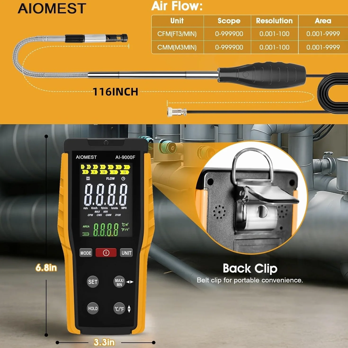 Anemómetro Térmico de Hilo Caliente AIOMEST AI-9000F HVAC Medidor de Viento Velocidad y Temperatura