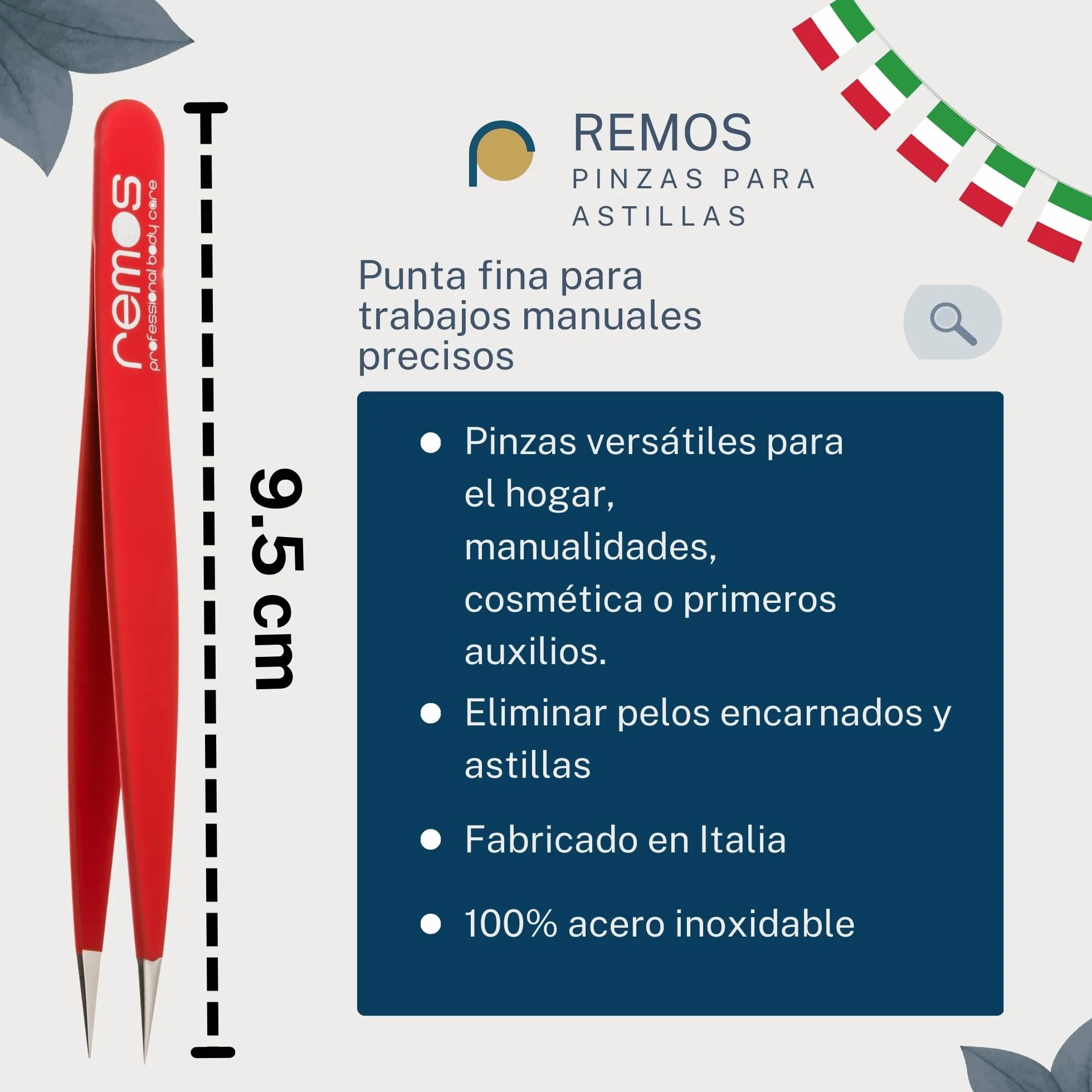 REMOS Pinzas para astillas acero inoxidable 9,5 cm punta fina rojo