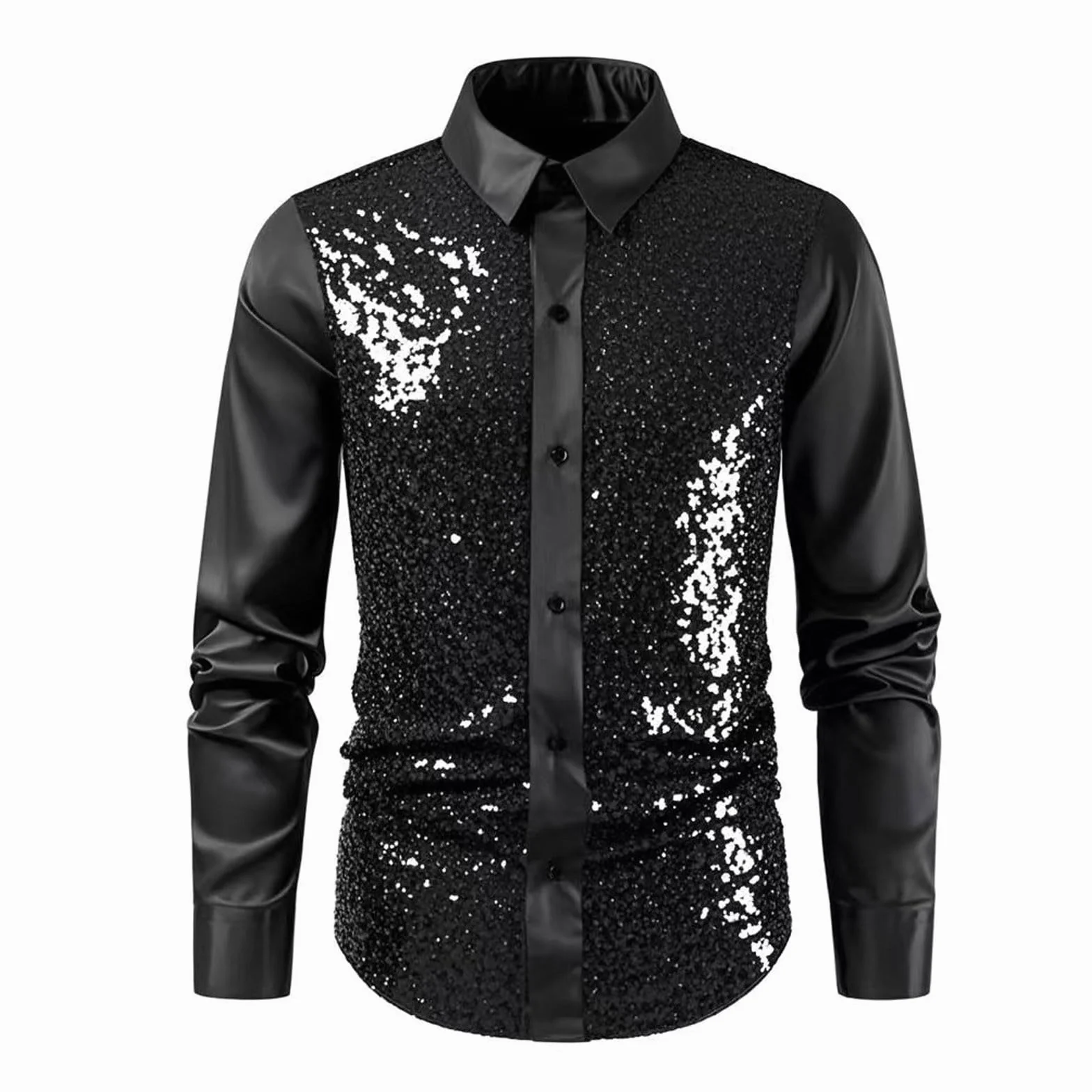 Camisas Hombre Manga Corta Camisa de Manga Larga con Detalles metálicos y Lentejuelas para espectáculos en Escenario y Eventos Festivos